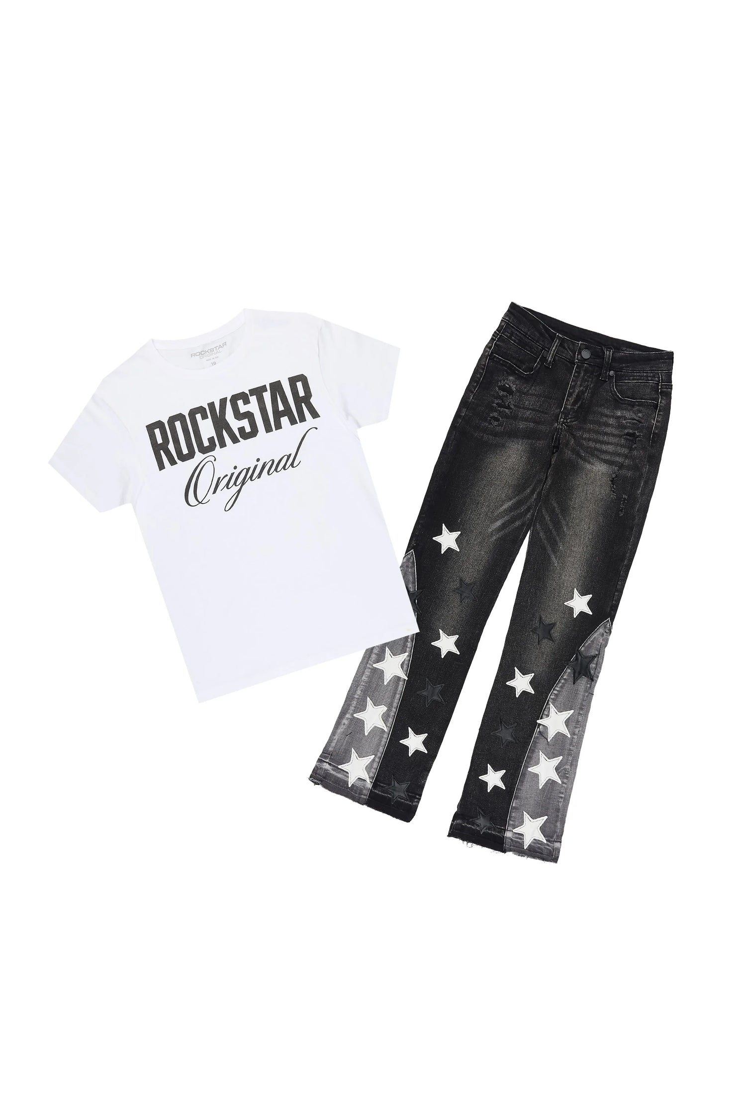Girls Jetta White/Black T-Shirt Stacked Jean Set