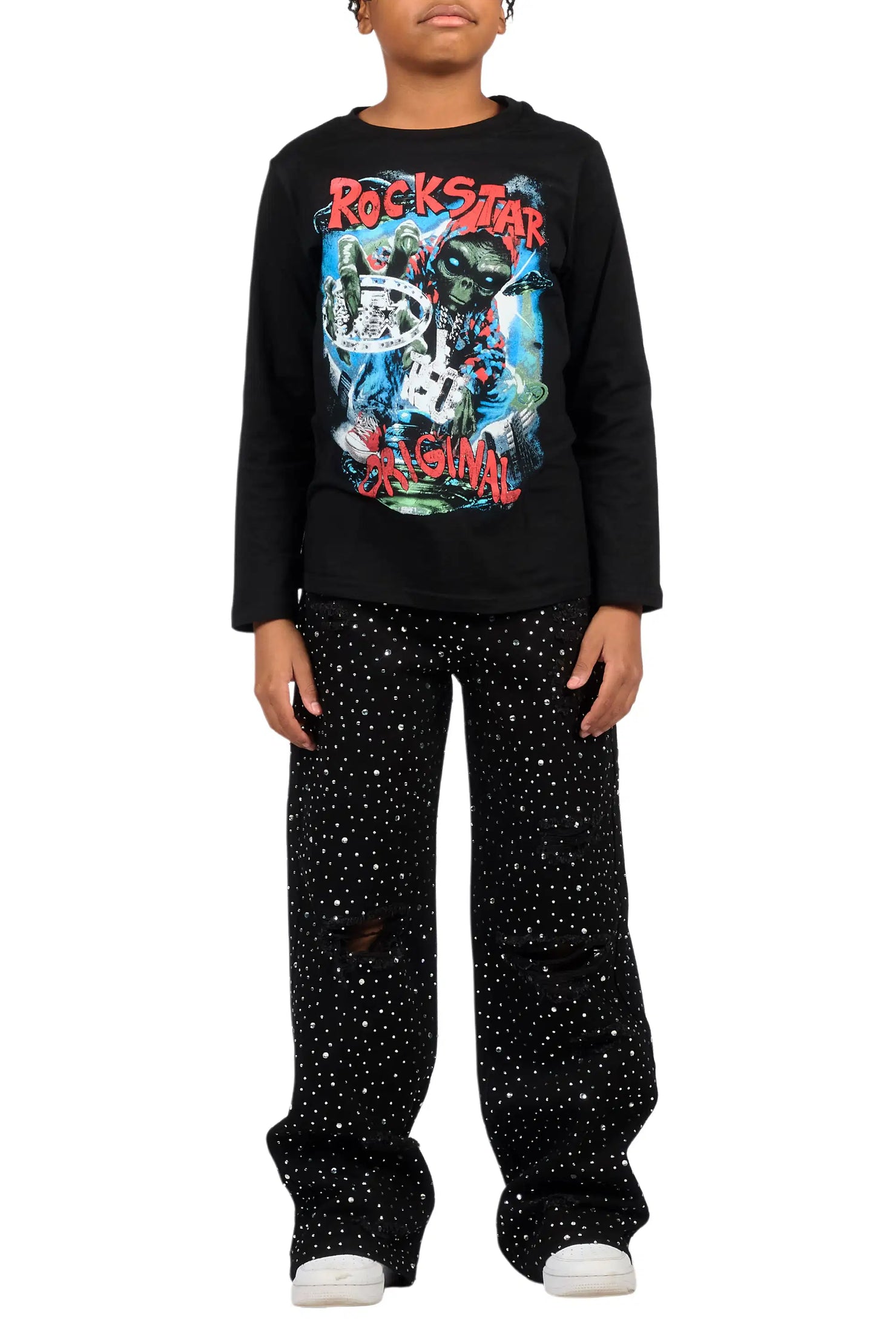 Boys Discolite Jet Black Rhinestone Baggy Jean