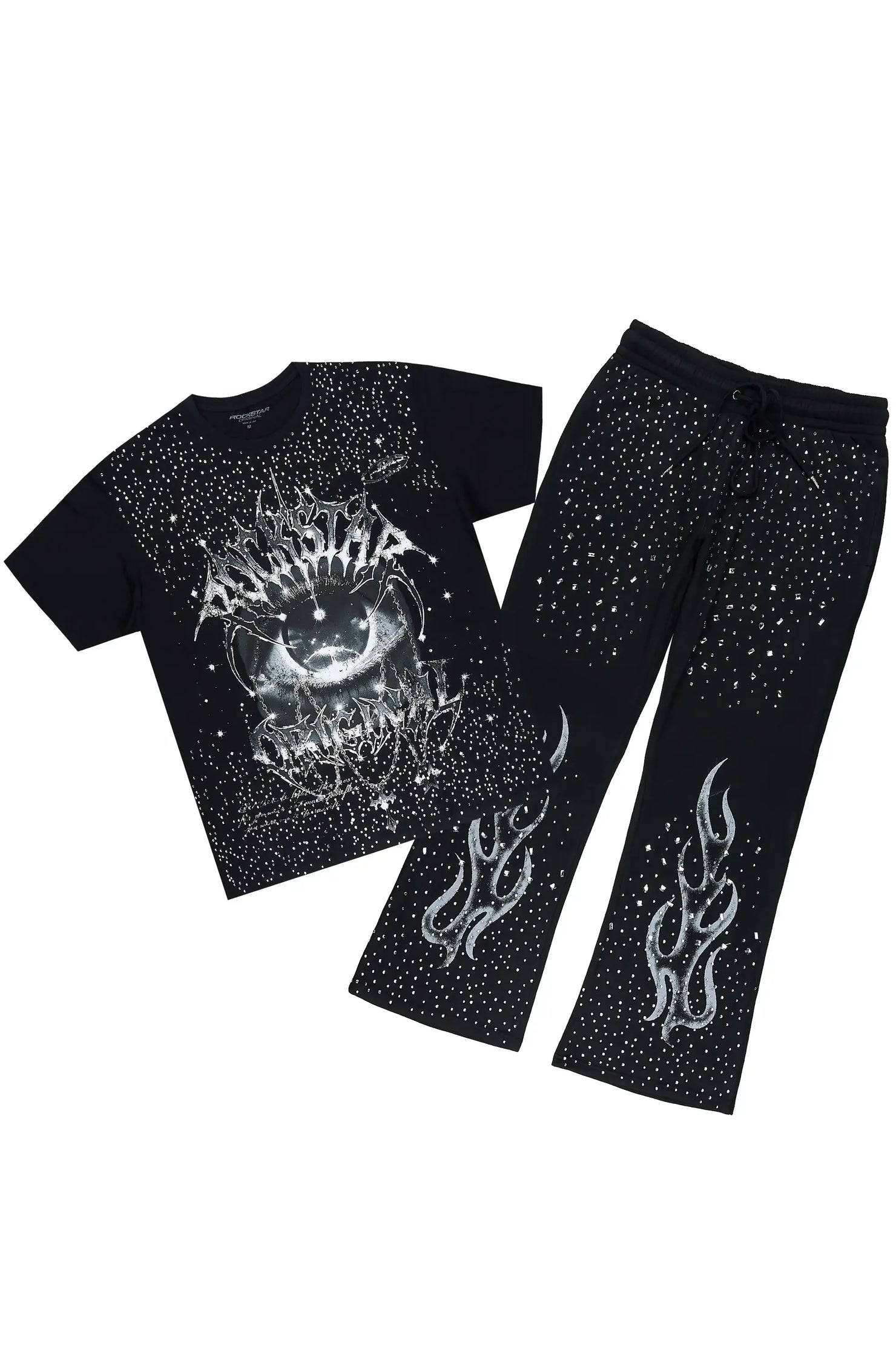 Malykz Black/Black Rhinestone T-shirt/Stacked Flare Track Pant Set