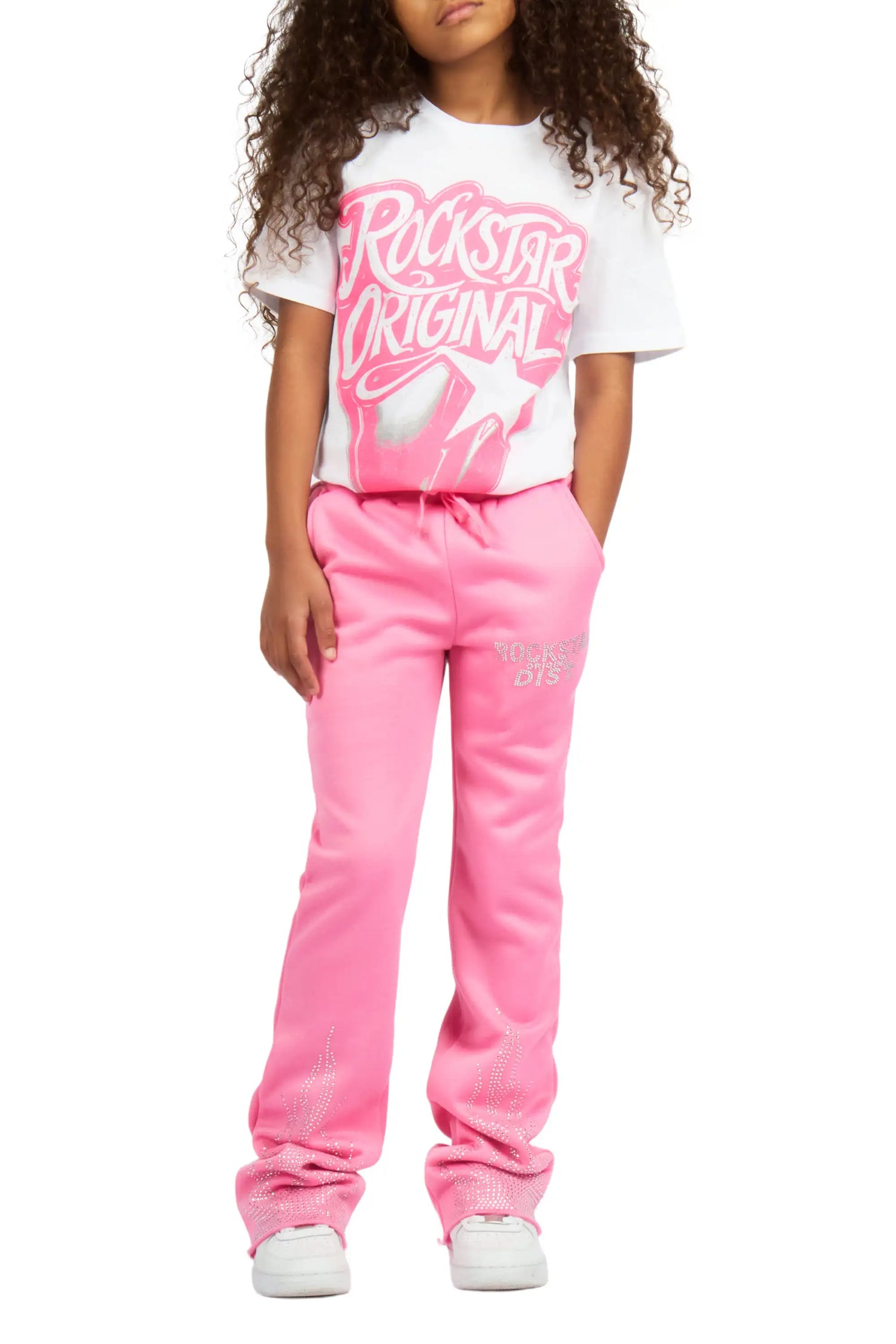 Girls Anastesia Pink Rhinestone Stacked Track Pant
