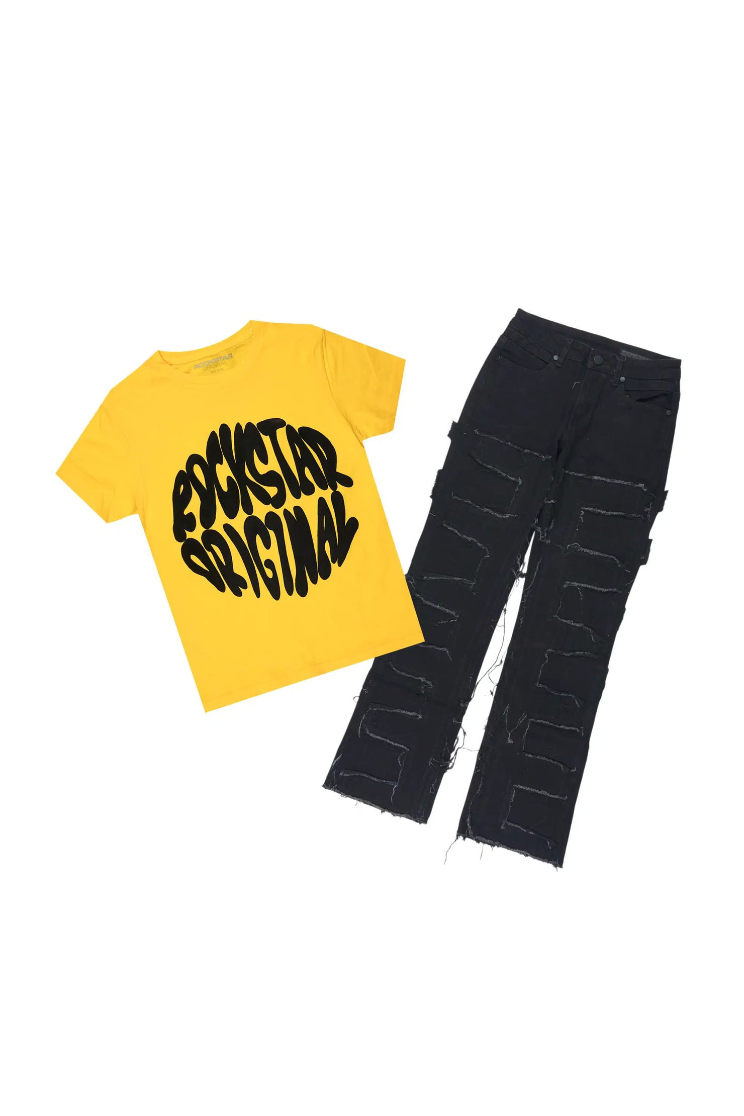 Girls Therry Yellow/Black T-Shirt Stacked Jean Set