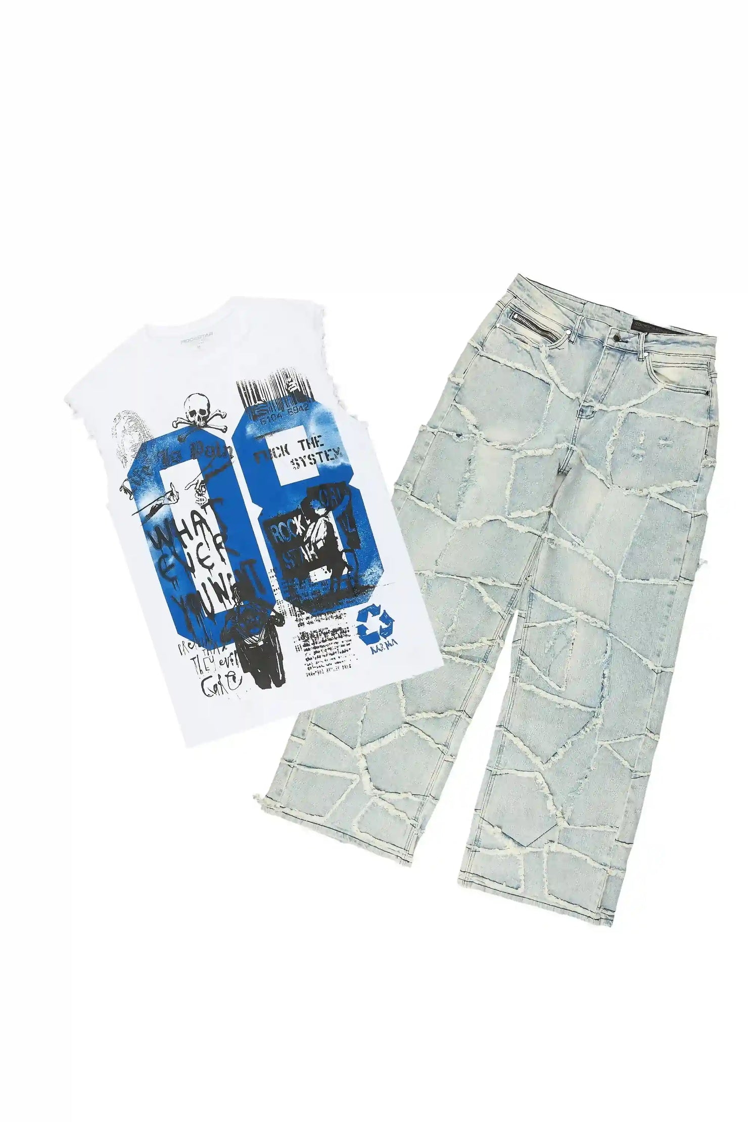 Grill 3.0 White/Blue Oversized Graphic T-Shirt & Jacomus Baggy Fit Jean Set