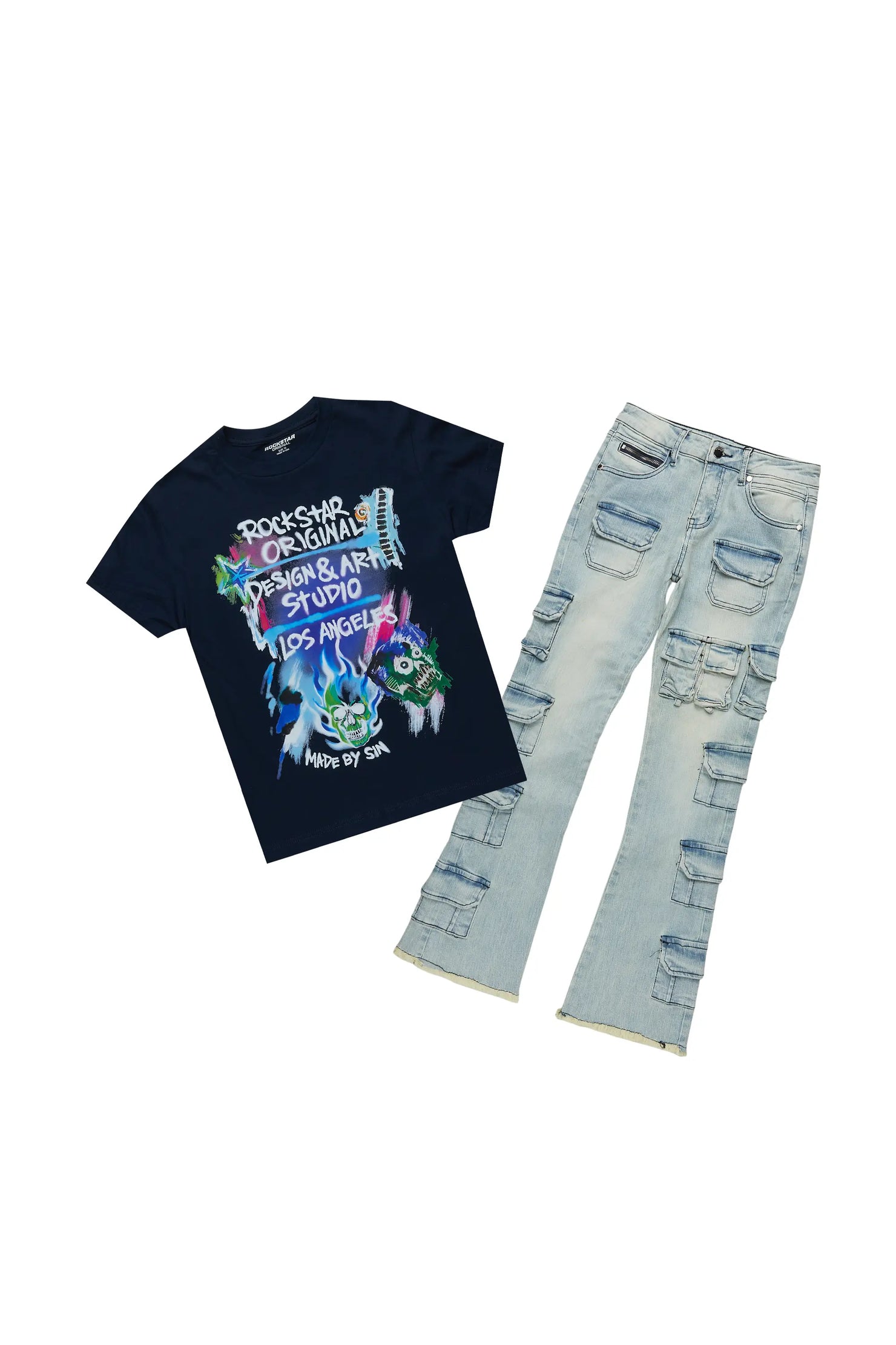 Boys Soweto Navy T-Shirt/Stacked Flare Cargo Jean Set