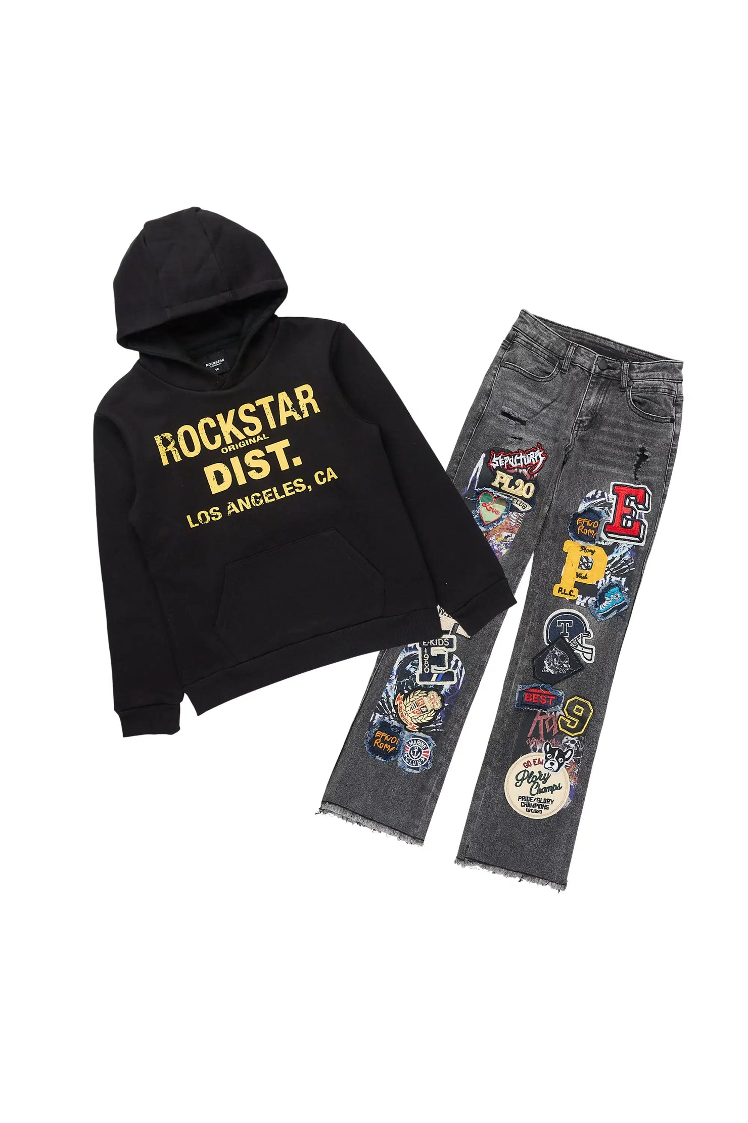 Boys Koen Black Hoodie/Stacked Jean Set