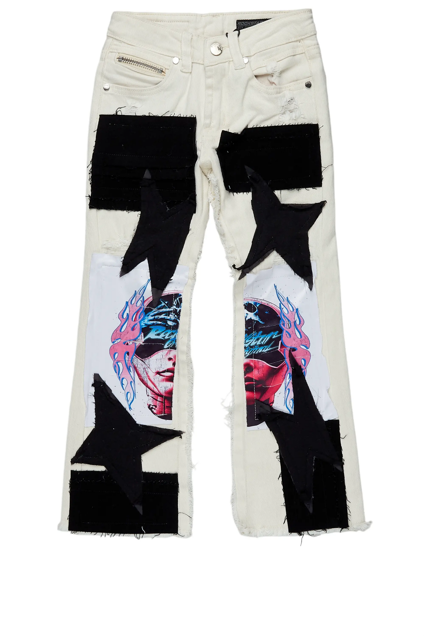 Boys Helios Beige Patchwork Stacked Flare Jean