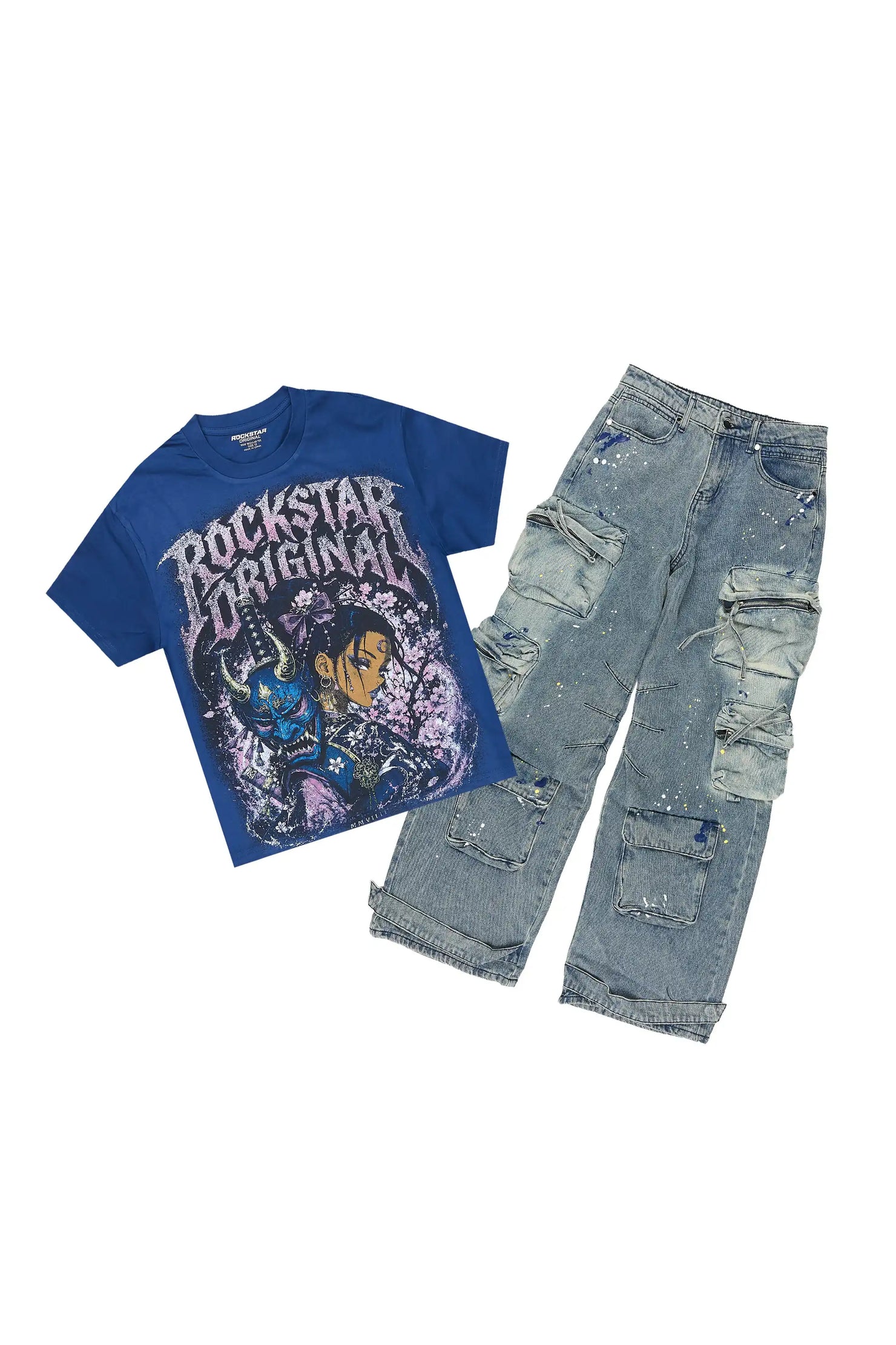 Boys Kavero Navy/Blue T-Shirt Painter Baggy Jean Set