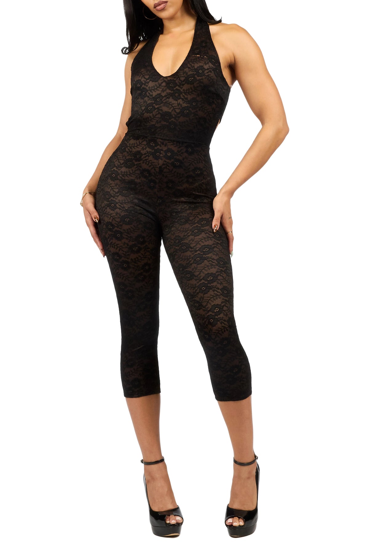 Lacey Floral Black Capri Jumpsuit
