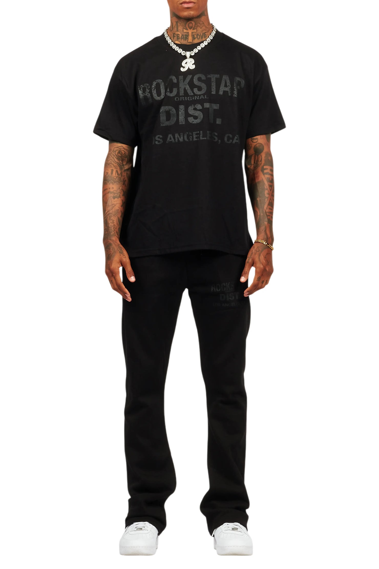 Lake Black/Black Oversized T-Shirt/Stacked Track Pant Set
