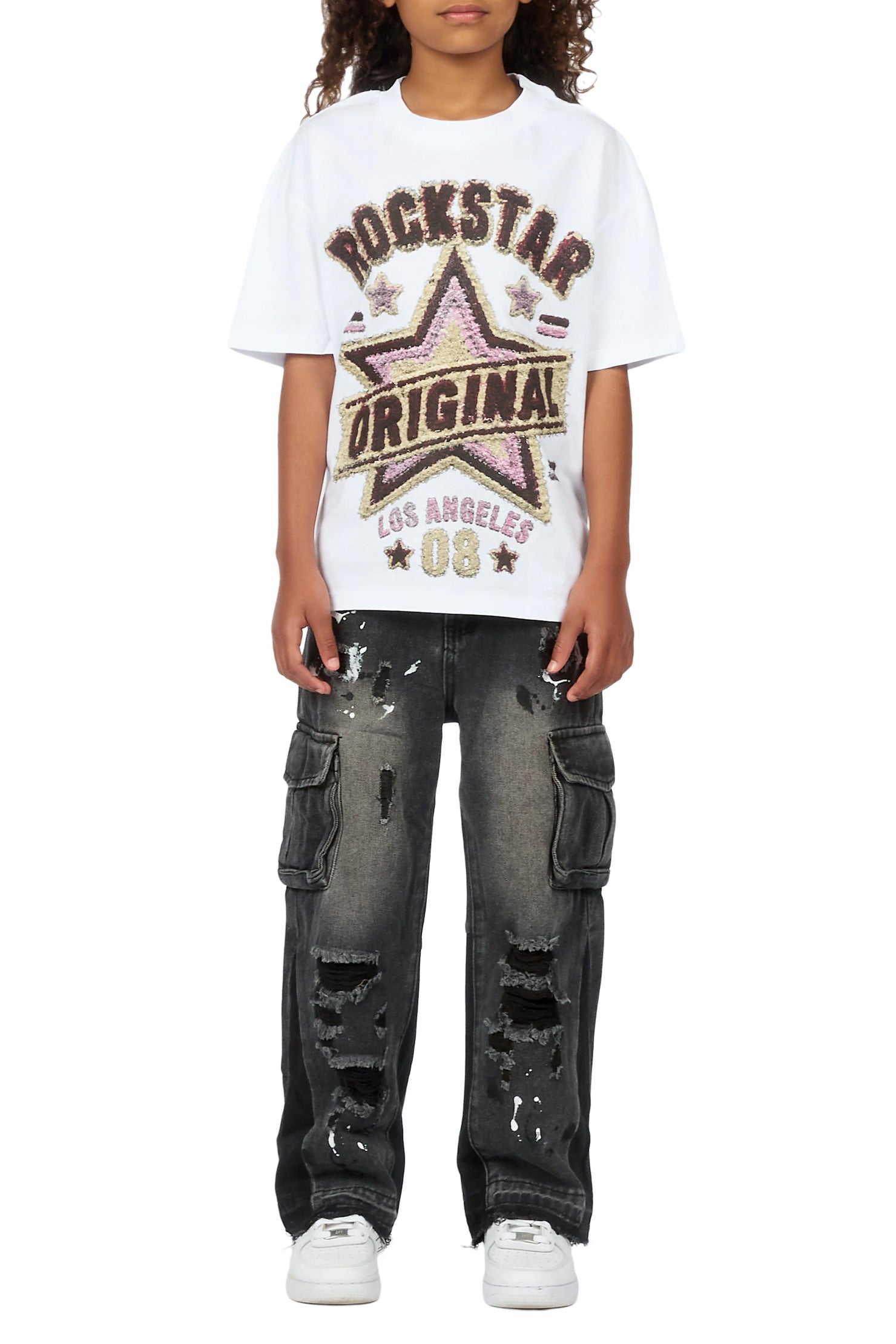 Girls Basiliskie White/Dark Grey T-Shirt Baggy Jean Set
