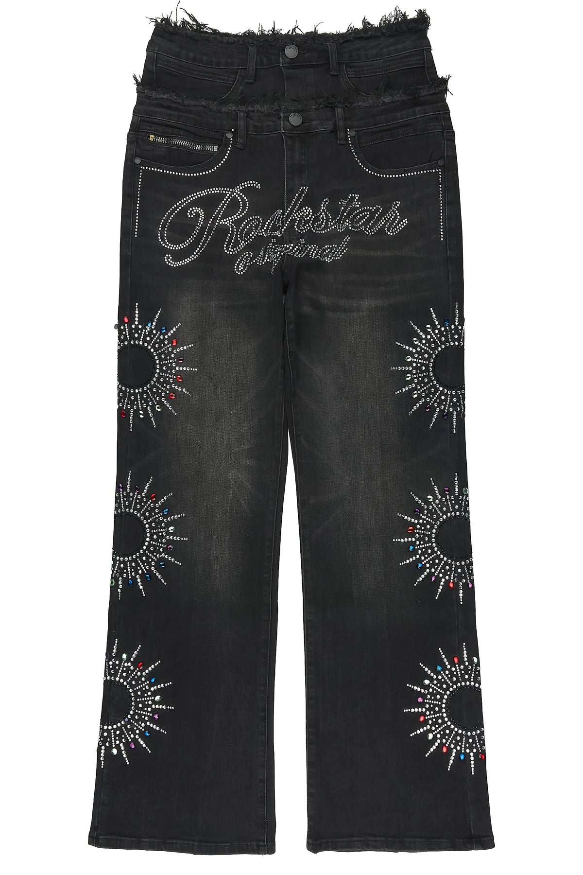 Silo Black Rhinestone Double Waisted Baggy Fit Jean