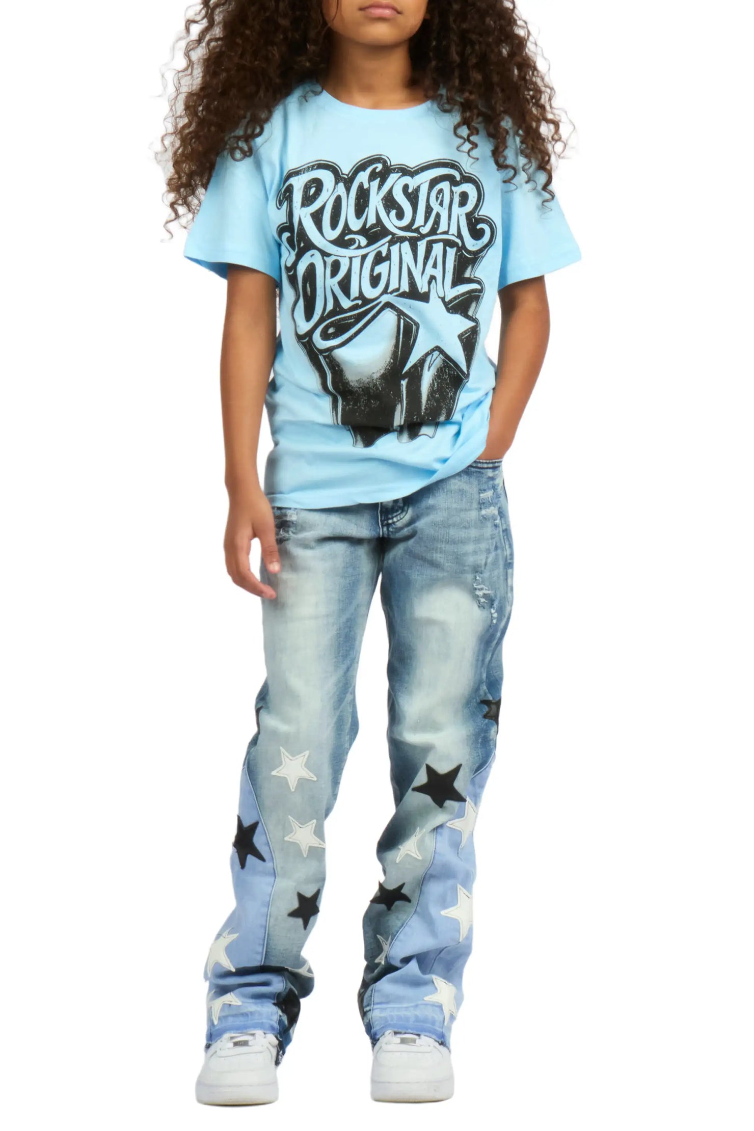 Girls Zayda Light Blue/Blue T-Shirt Stacked Jean Set