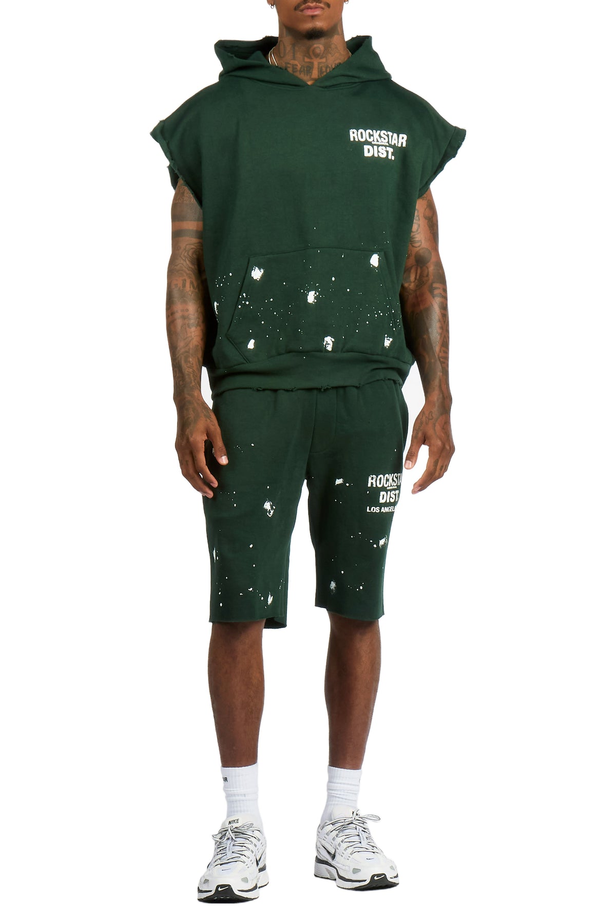 Raffer Forest Green Cut Off Sleeve Hoodie Short Set