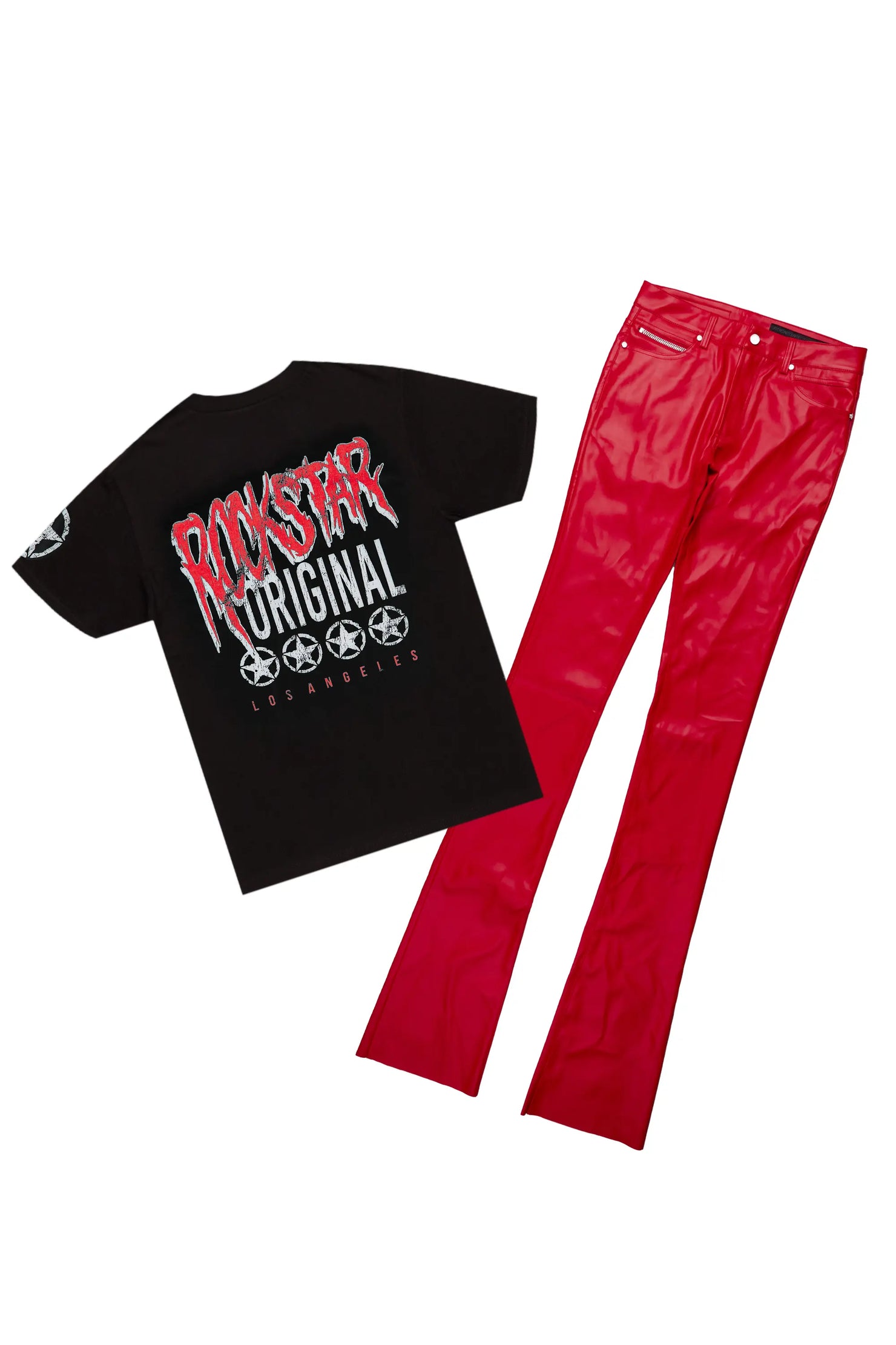 Wizzurd Black T-Shirt & Ricky Red PU Super Stacked Jean Bundle