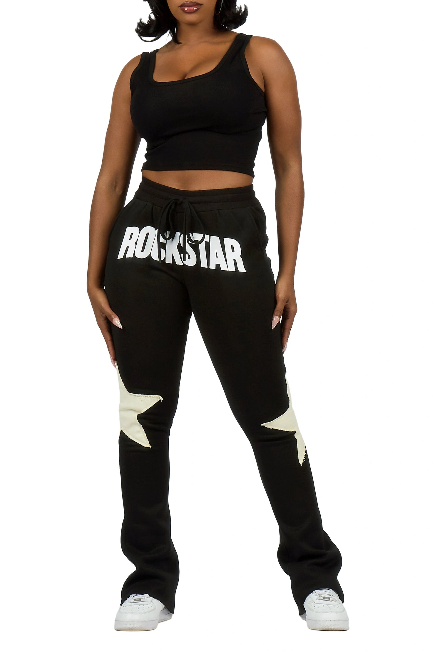 Shanelle Black Patched Stacked Track Pant