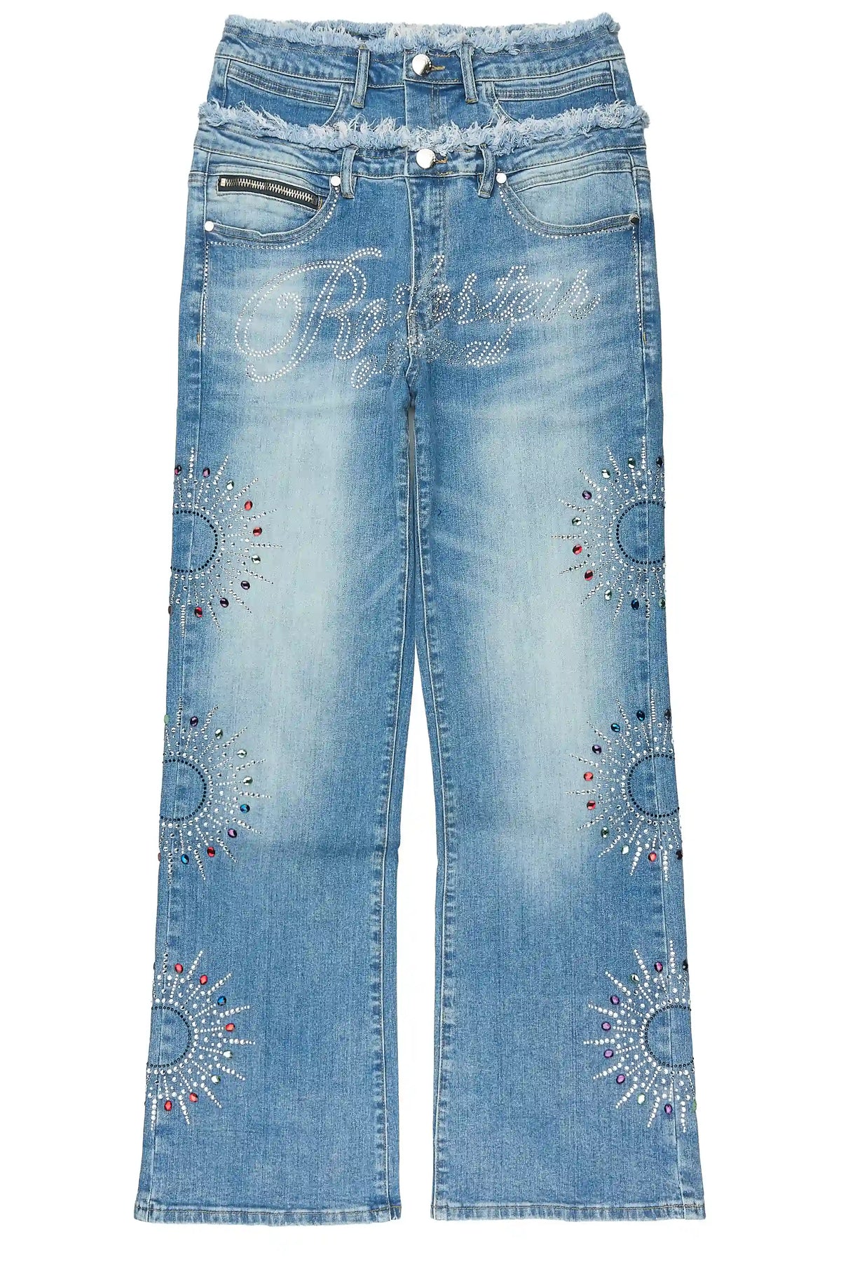 Silo Blue Rhinestone Double Waisted Baggy Fit Jean