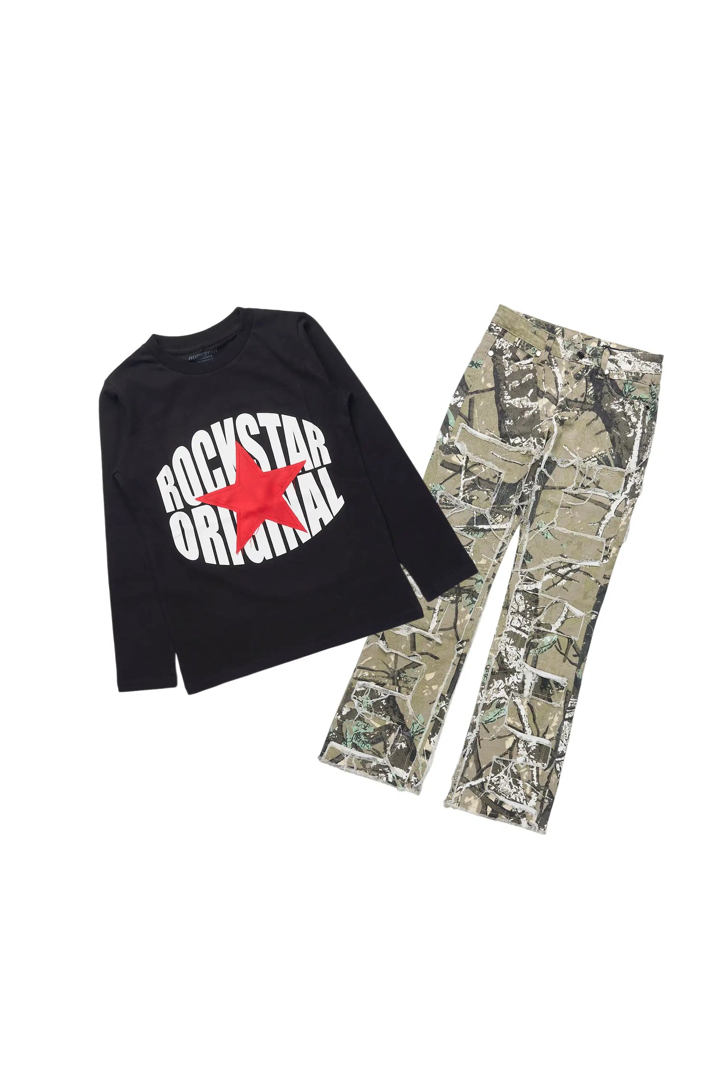 Boys Ezra Black Long Sleeve Tee & Shake Camo Stacked Jean Set