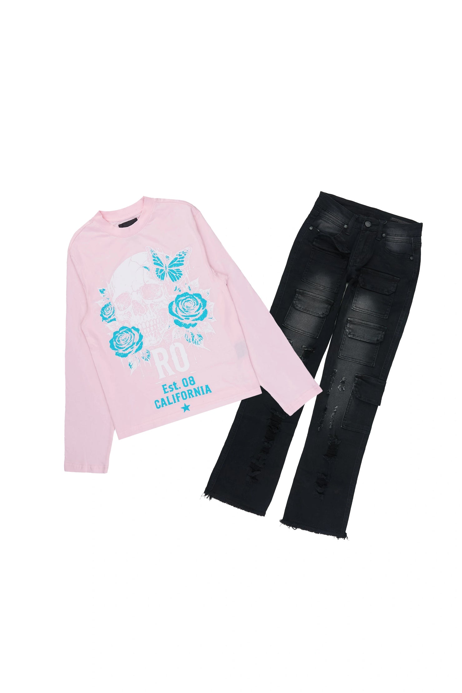 Girls Marsy Light Pink/Black Long Sleeve T-Shirt Stacked Jean Set