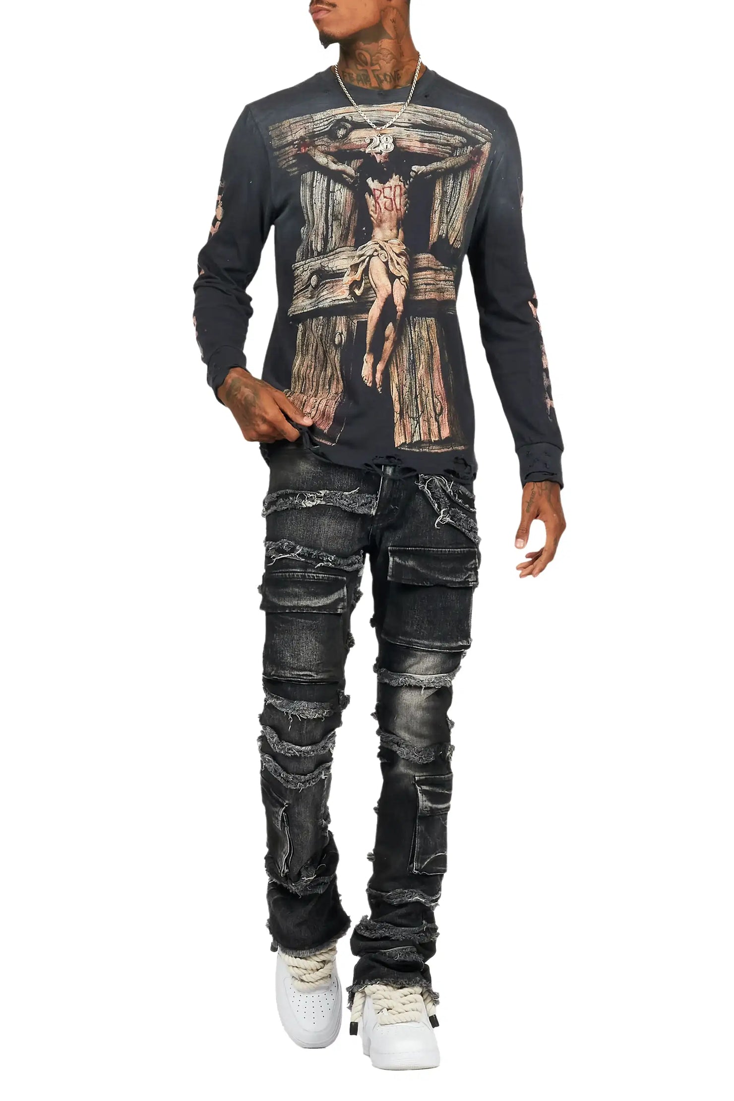 Yves Black Stacked Flare Cargo Jean