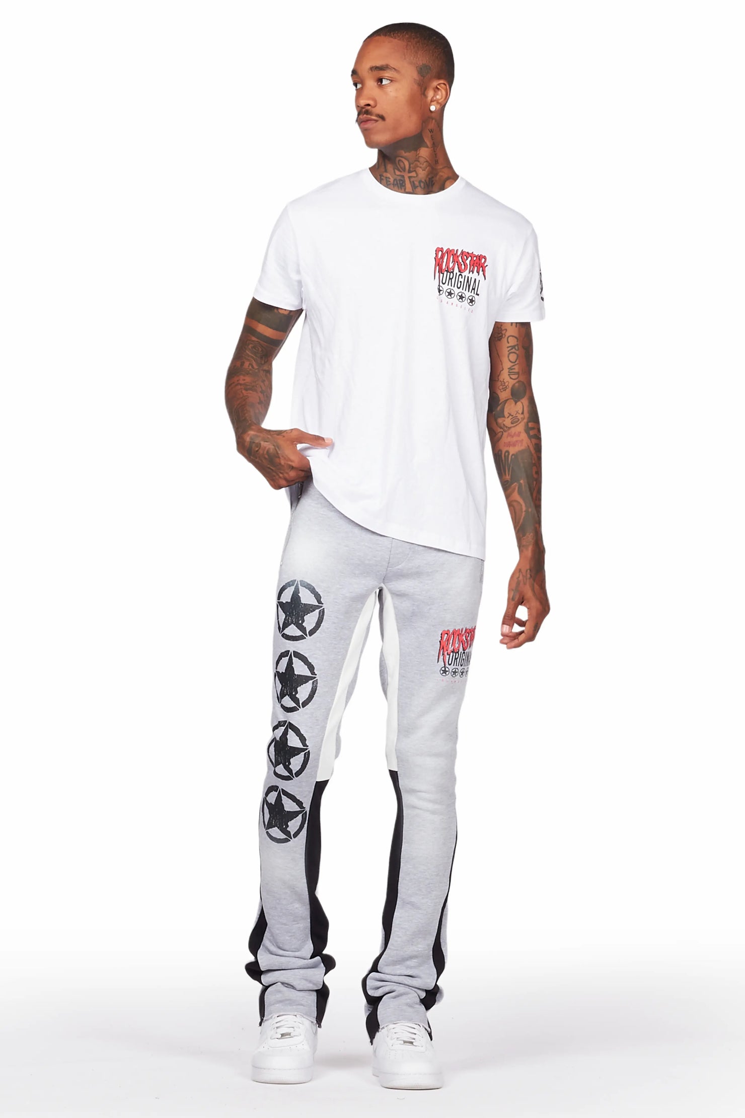 Wizzurd White/Grey T-Shirt/Stacked Flare Pant Set