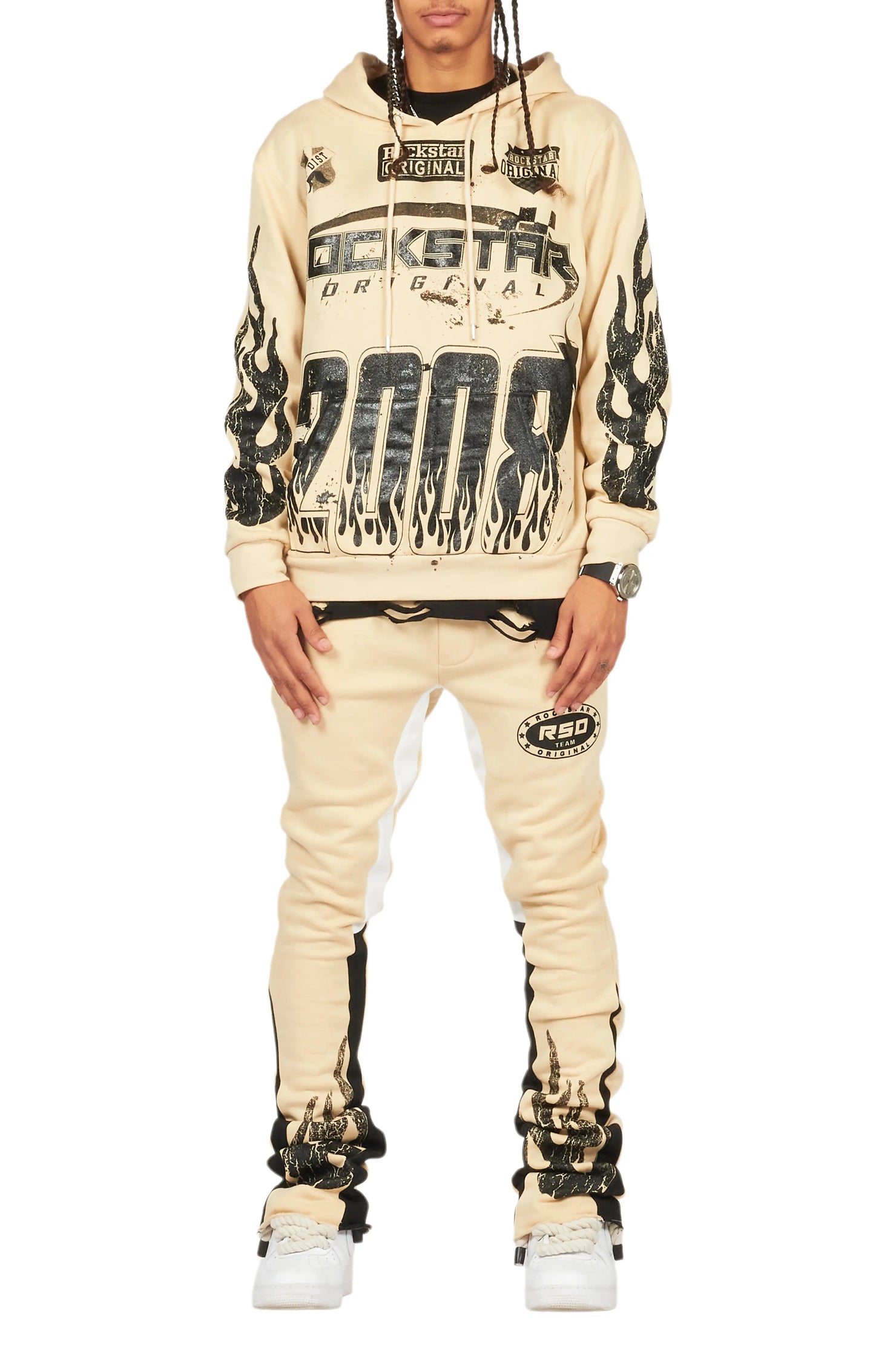 Amos Beige Stacked Flare Hoodie Track Set