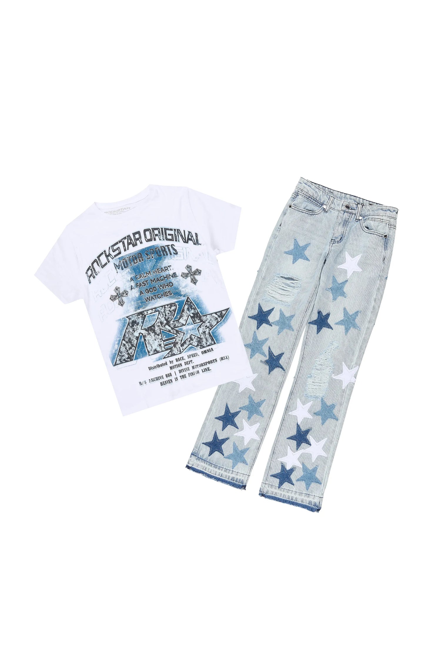 Boys Byson White/Blue T-Shirt Patchwork Jean Set