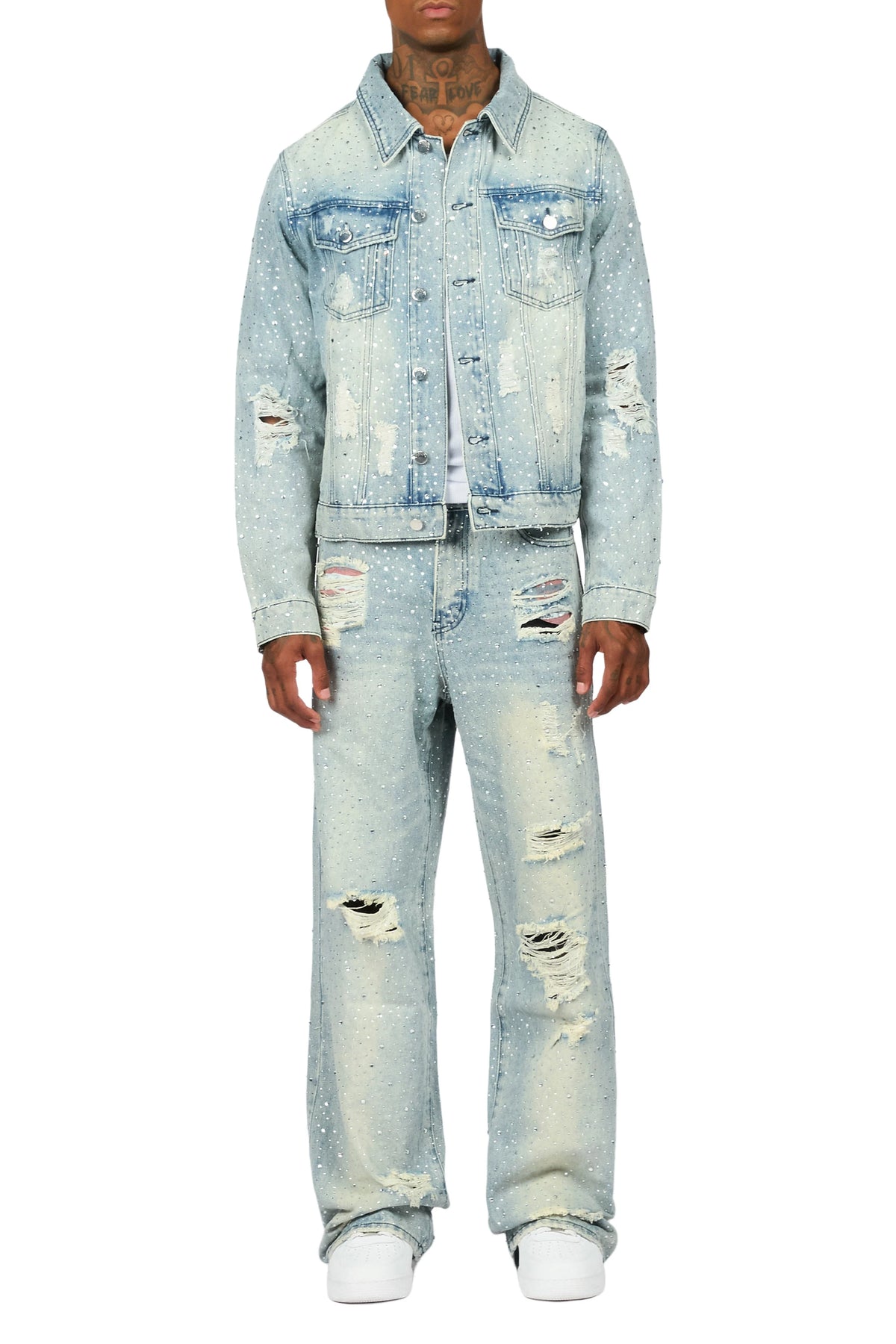 Discolite Tint Blue Rhinestone Denim Jacket/Baggy Jean Set