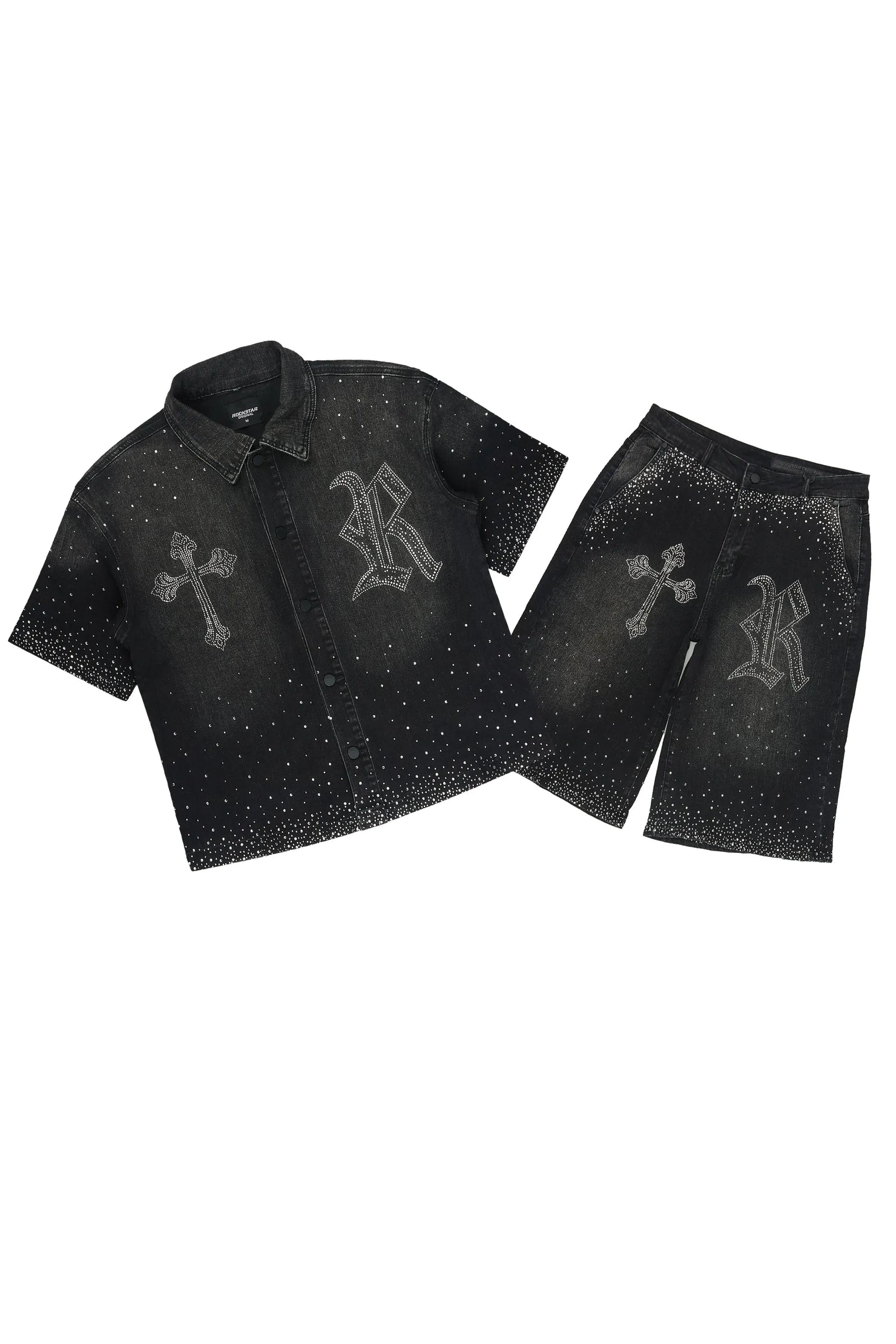Clemente Black Rhinestone Button Down Shirt Jort Set
