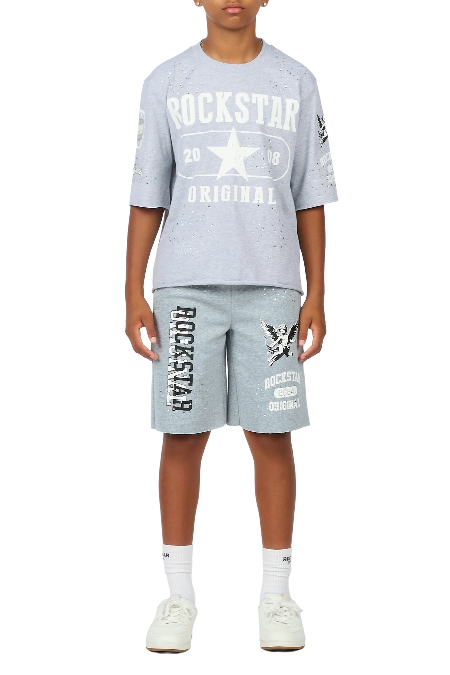 Boys Gutta Grey Rhinestone Boxy T-Shirt/Short Set