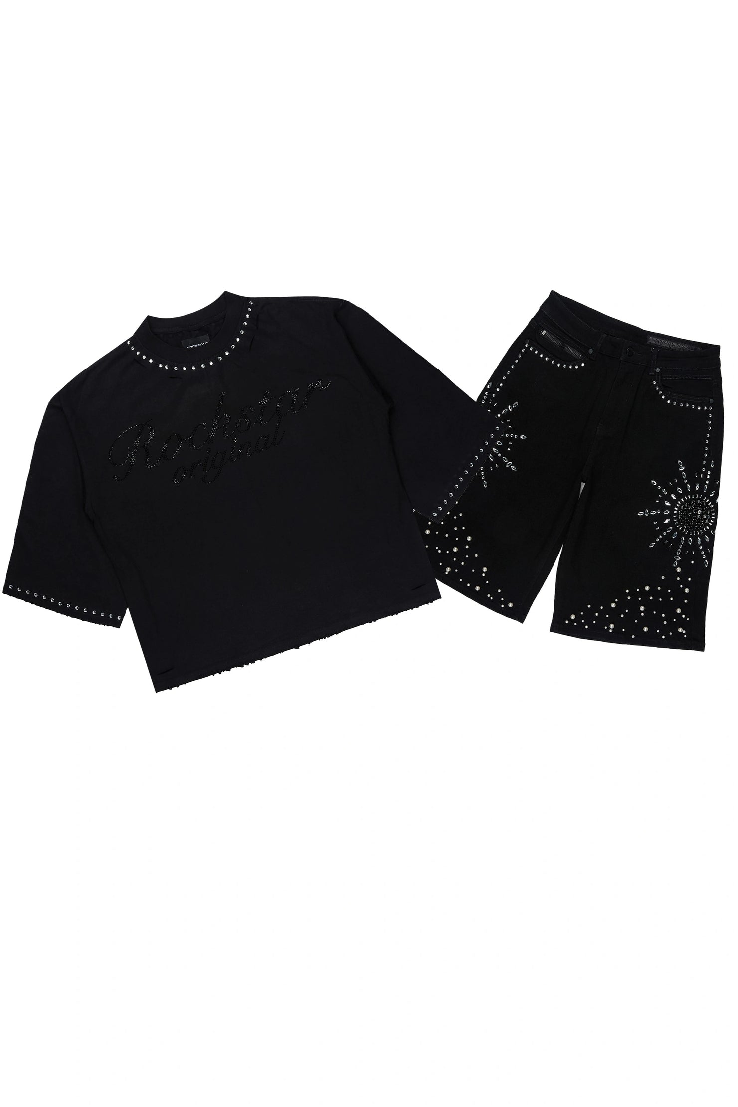 Tryst Black Rhinestone T-Shirt Denim Short Set