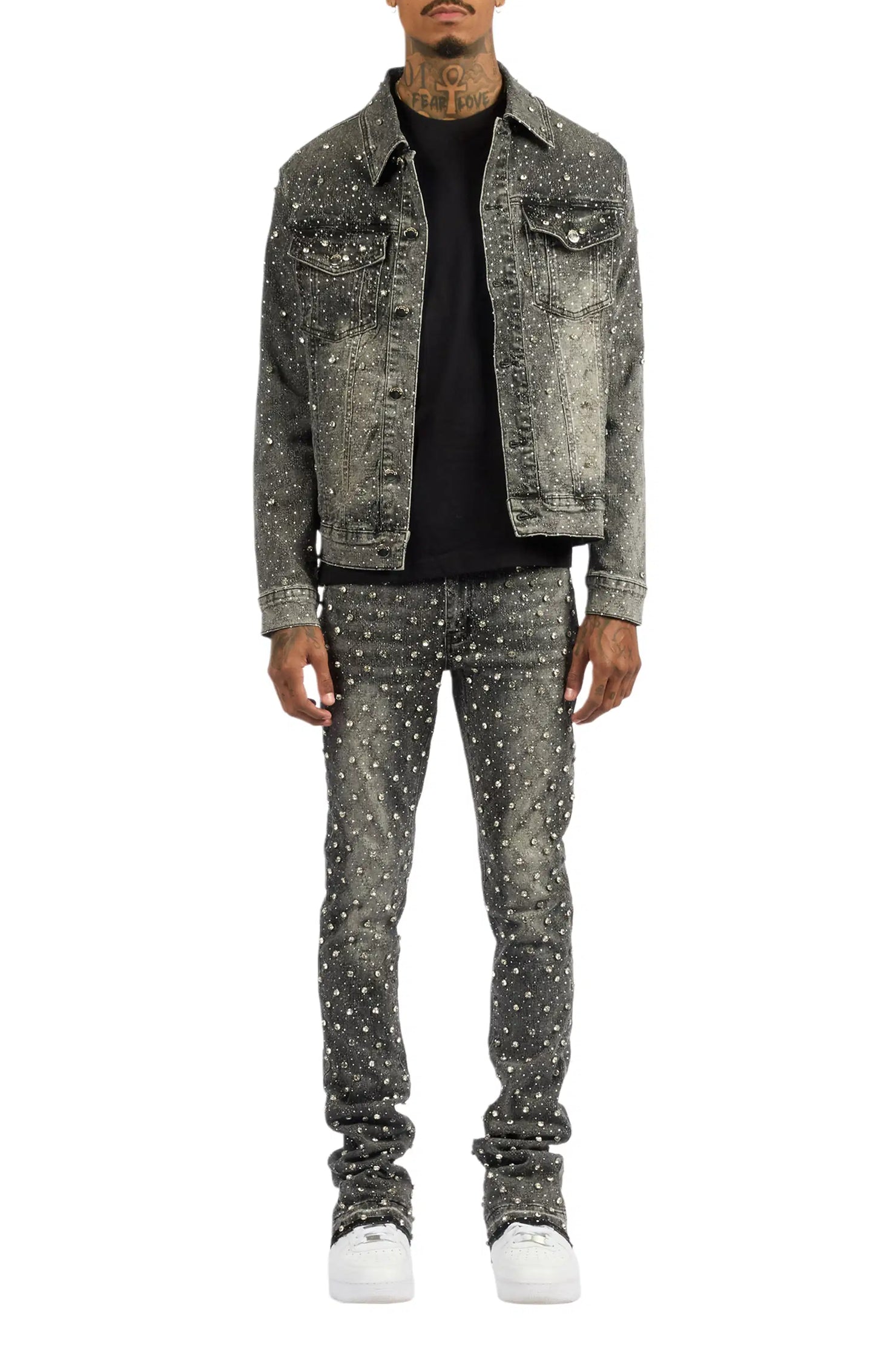 Glit Dark Grey Rhinestone Denim Jacket/Stacked Flare Jean Set