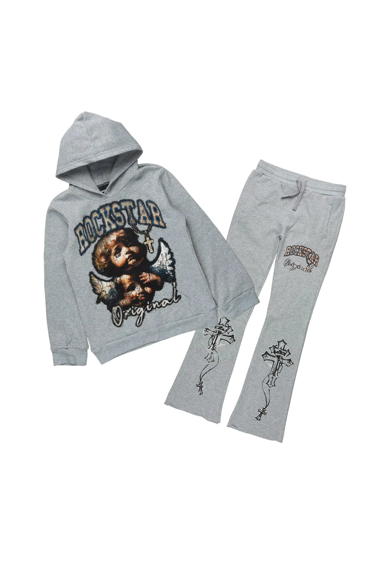 Boys Deiter Heather Grey Hoodie/Stacked Flare Track Set