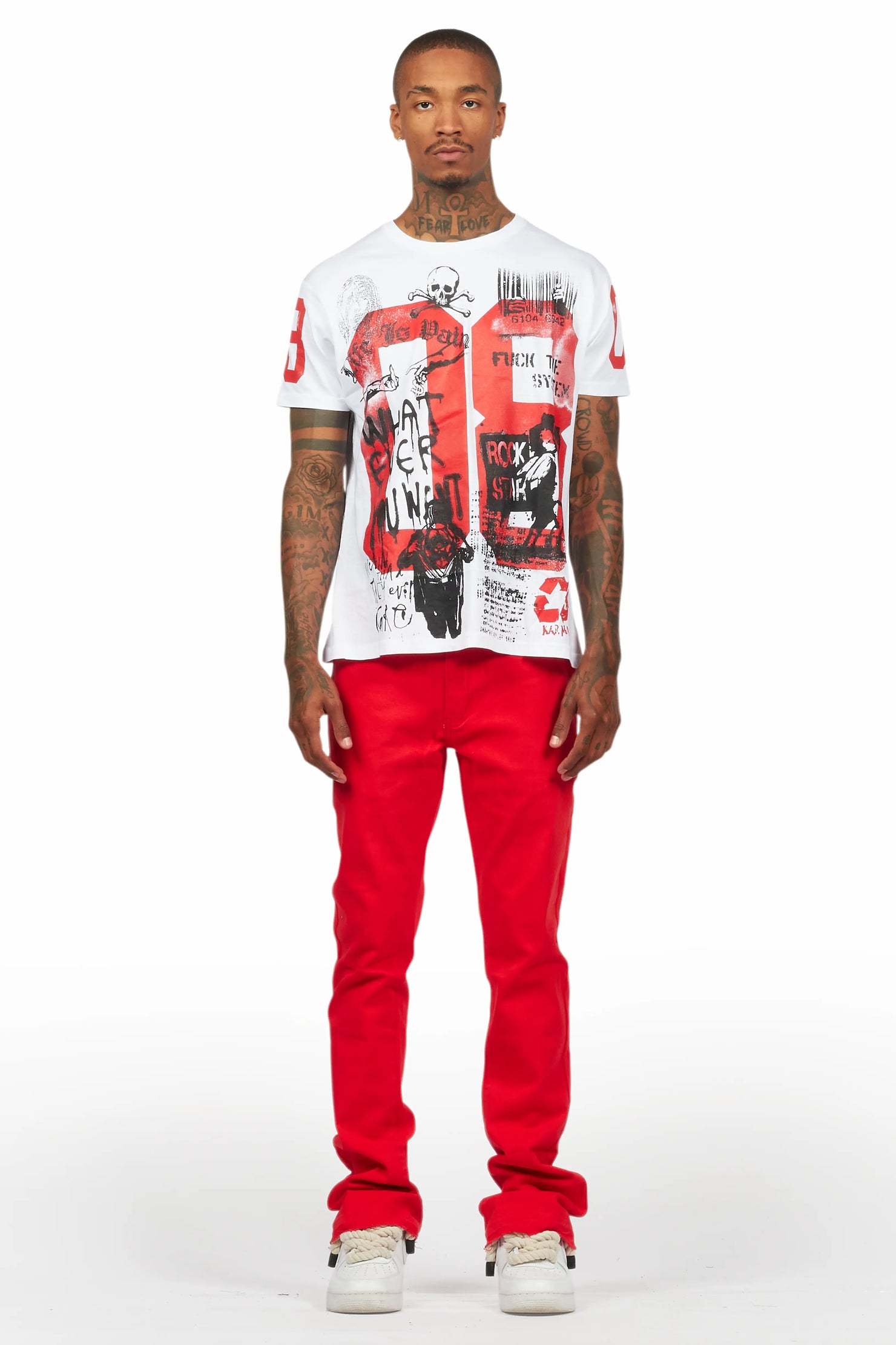 Grill White/Red Oversized Graphic T-Shirt/Dag Stacked Flare Jean Set