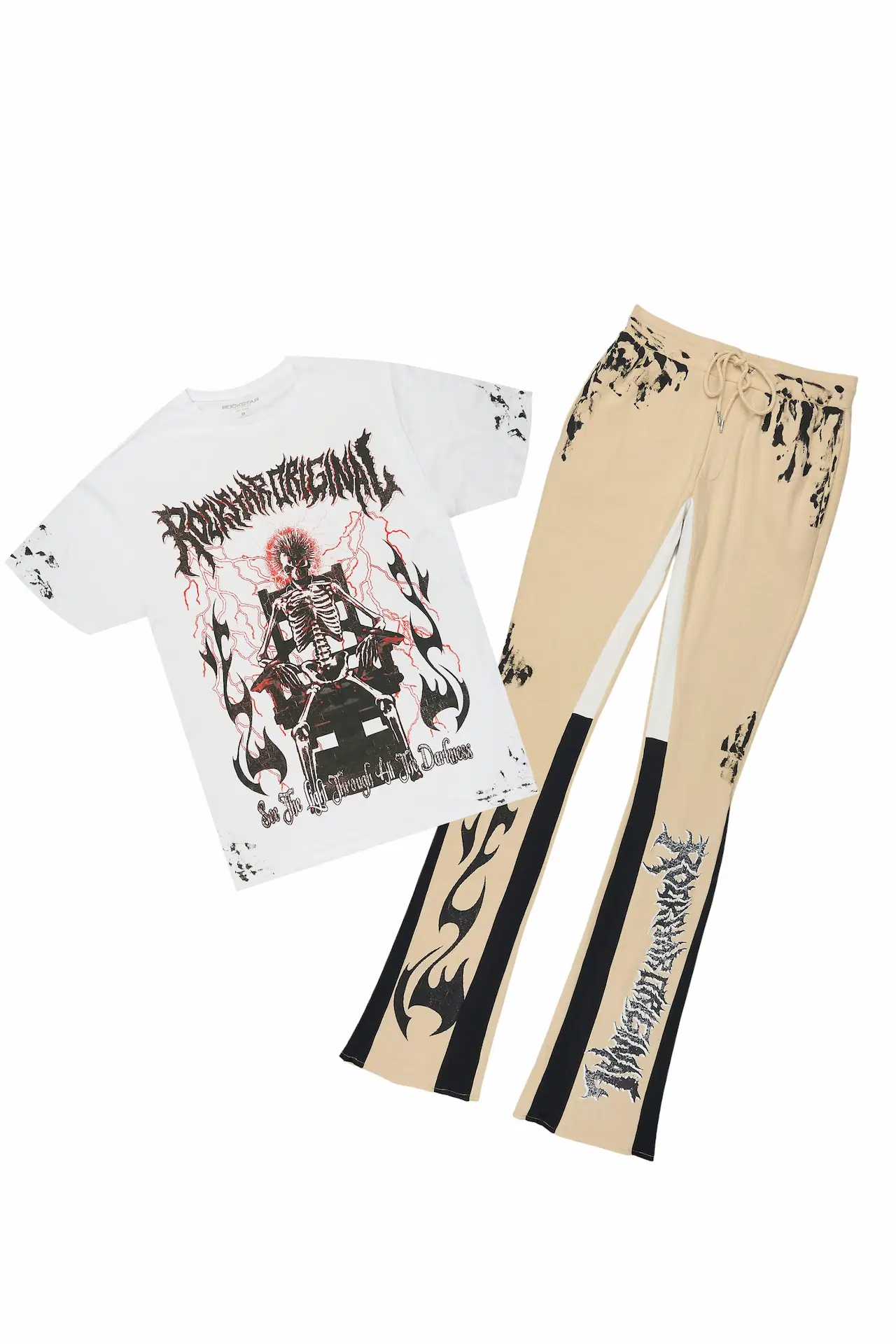 Deathrow 2.0 White/Beige T-Shirt/Stacked Flare Pant Set