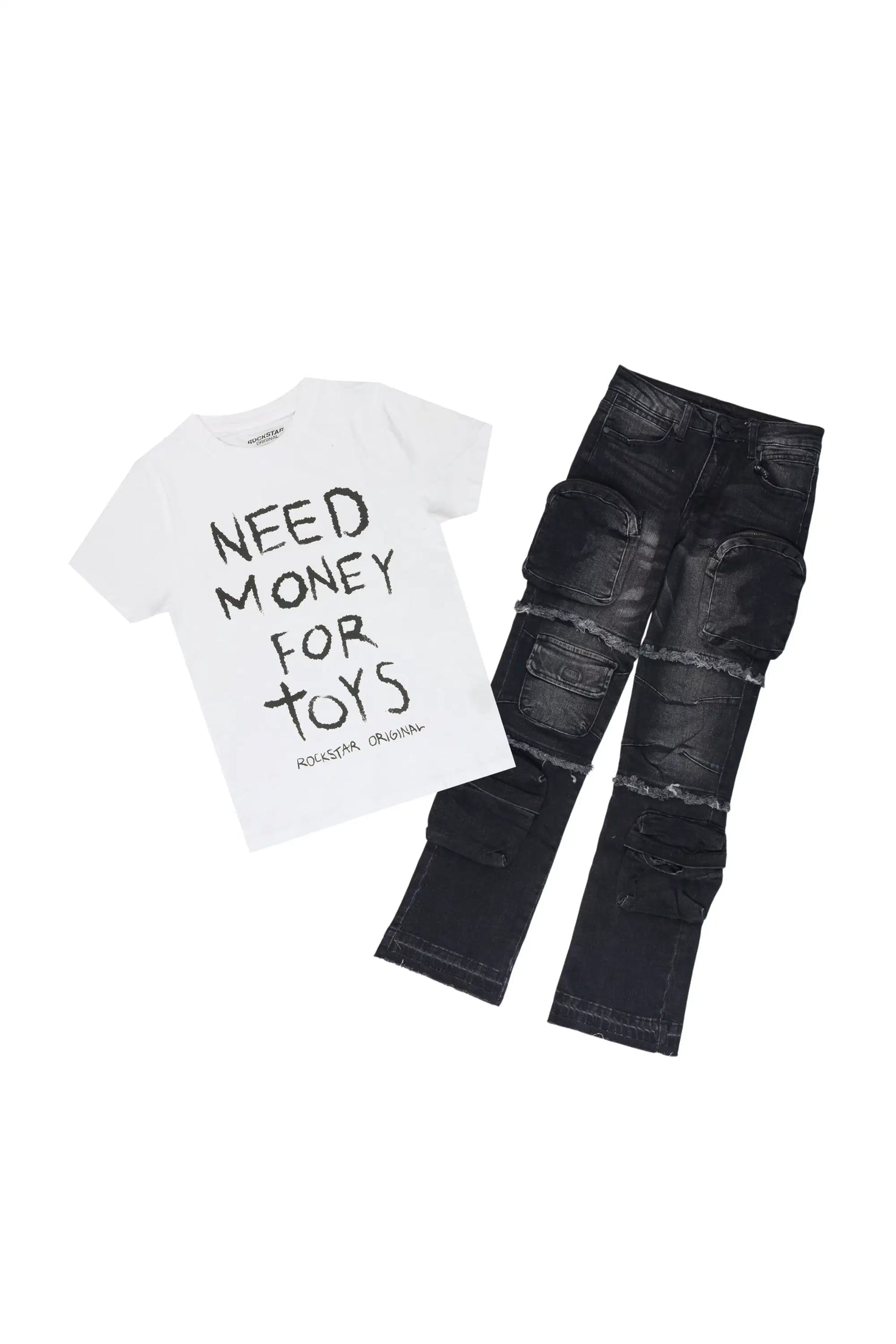 Girls Delaney White/Dark Grey T-Shirt Stacked Jean Set
