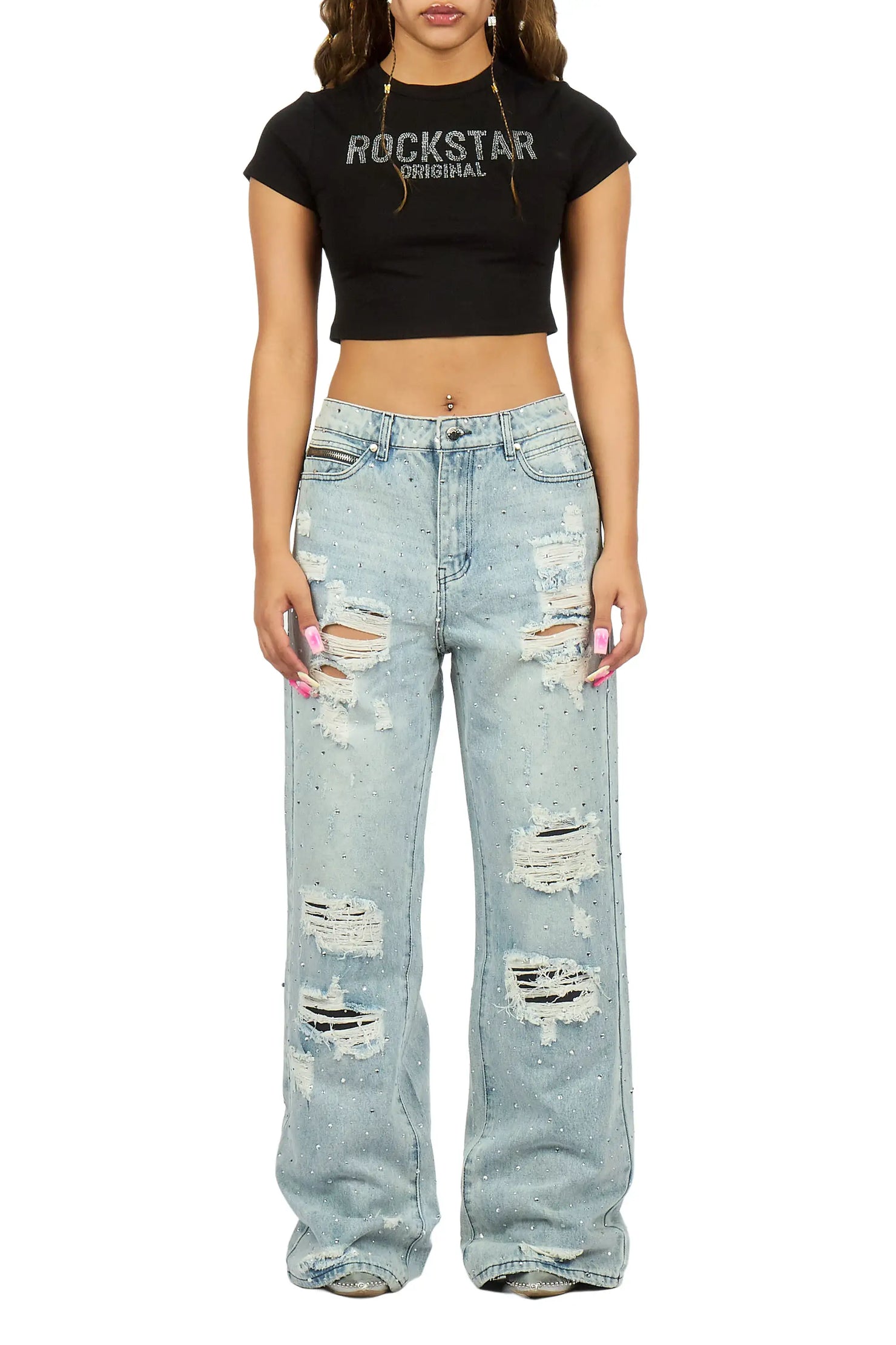 Amayah Light Wash Rhinestone Baggy Fit Jean