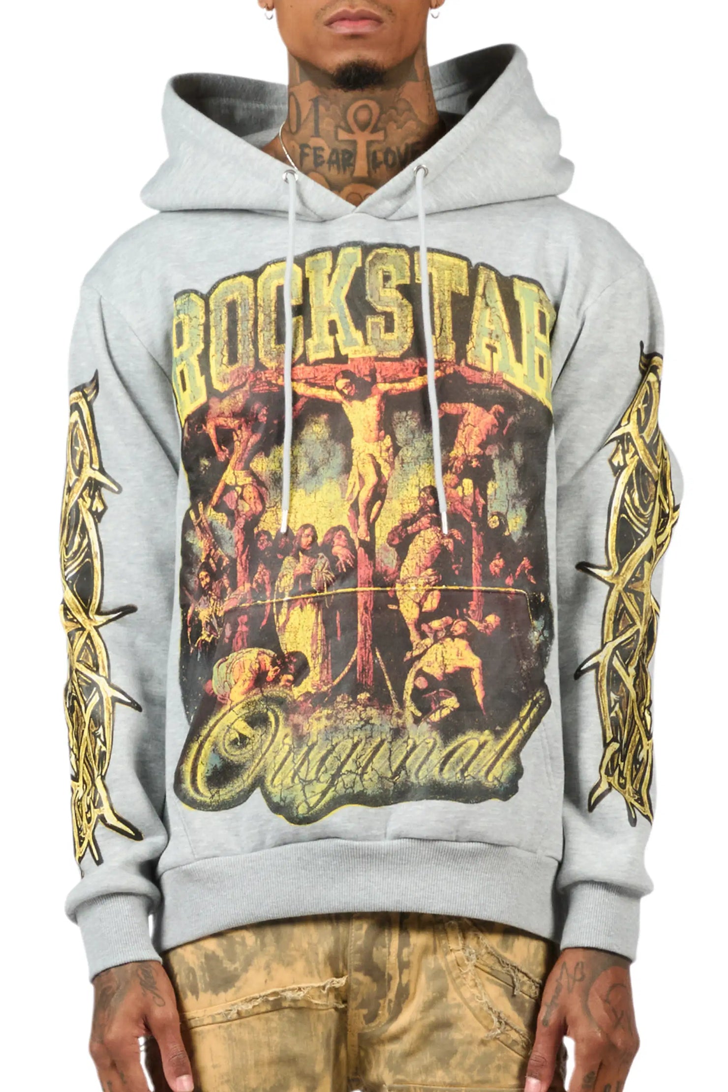 Waller Heather Grey Graphic Distressed Relaxed Hoodie