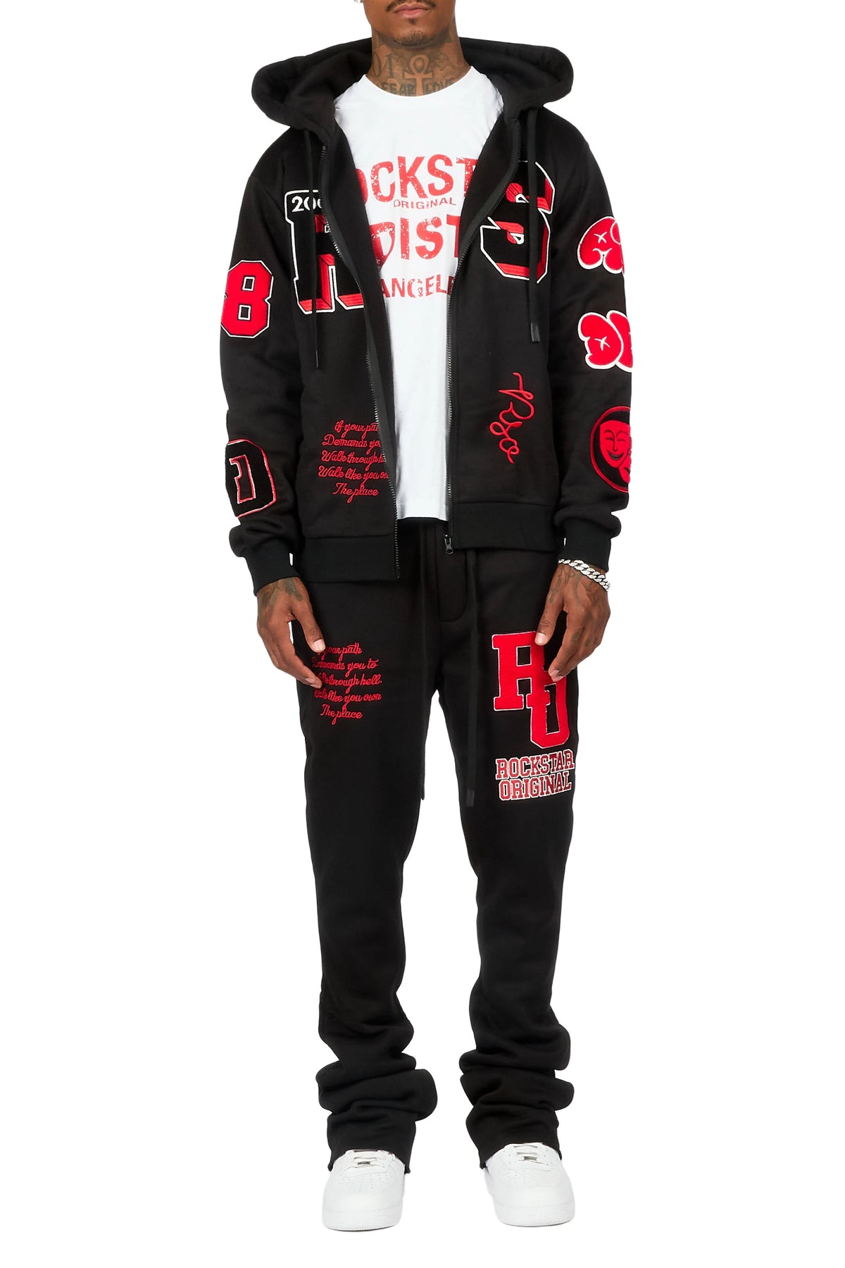Leslaw Black/Red Zip Up Hoodie Stacked Track Set