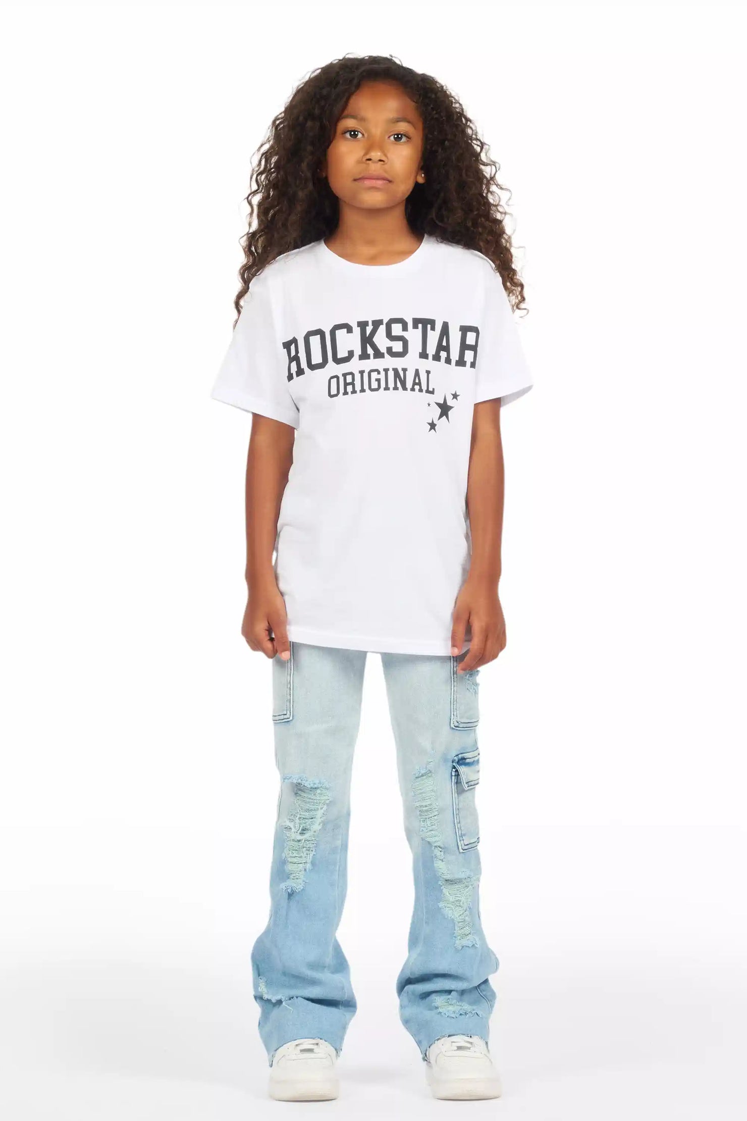 Girls Vixen Light Wash Distressed Stacked Jean