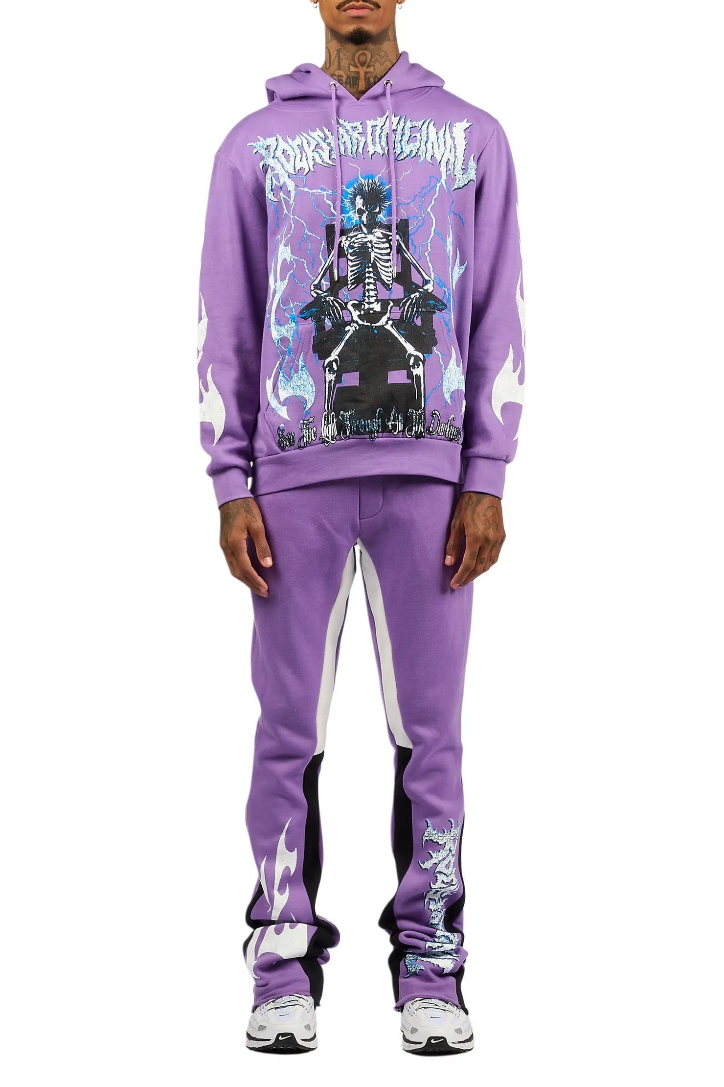 Deathrow Purple/White Hoodie/Stacked Track Pant Set