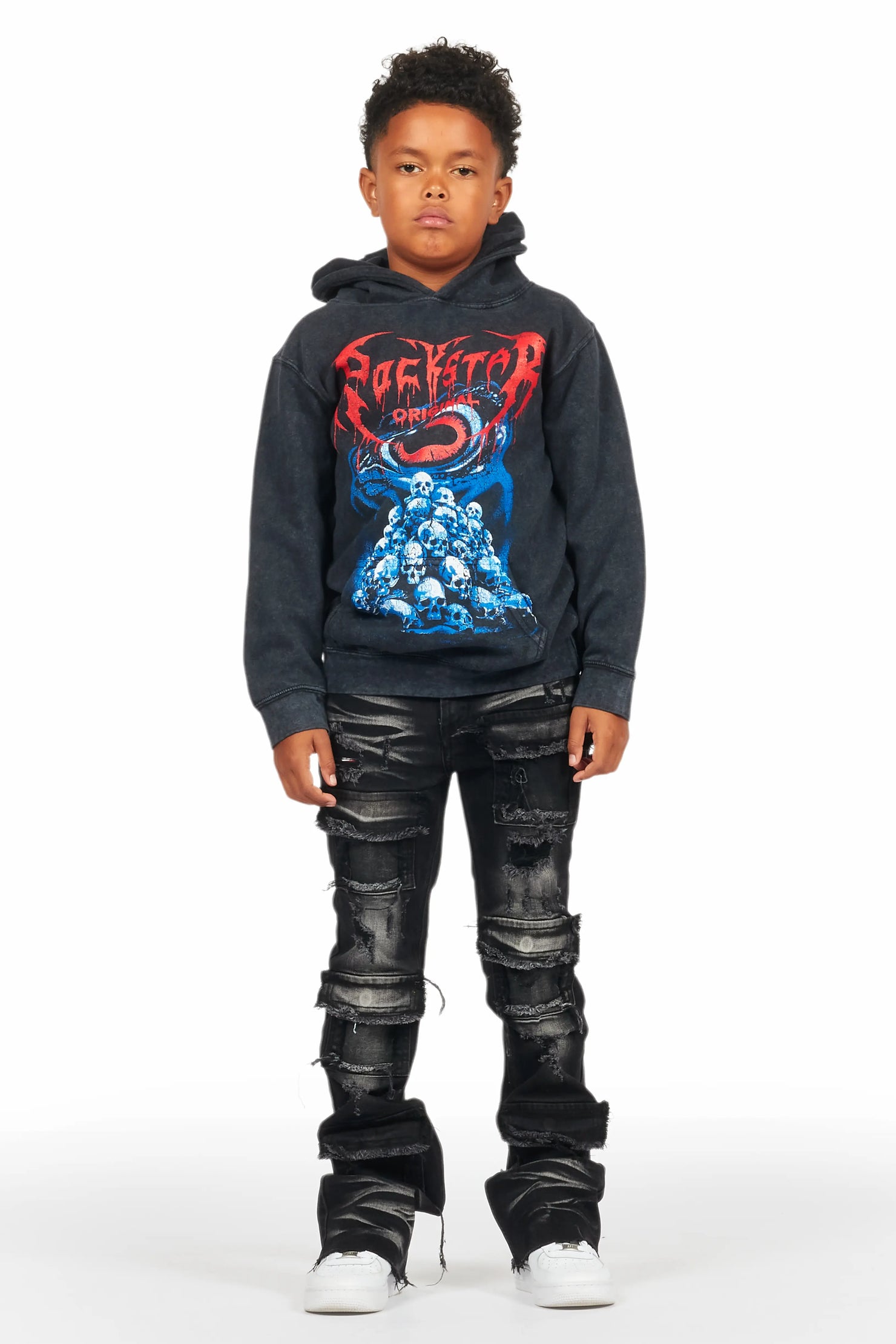 Boys Vicious Vintage Black Hoodie/Stacked Flare Jean Set