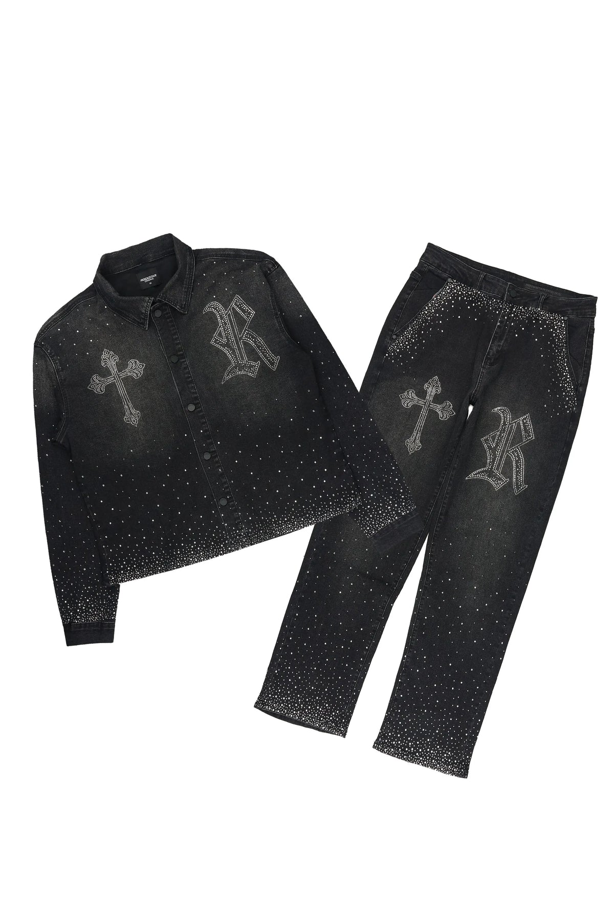 Clemente Dark Grey Rhinestone Button Down Shirt/Jean Set