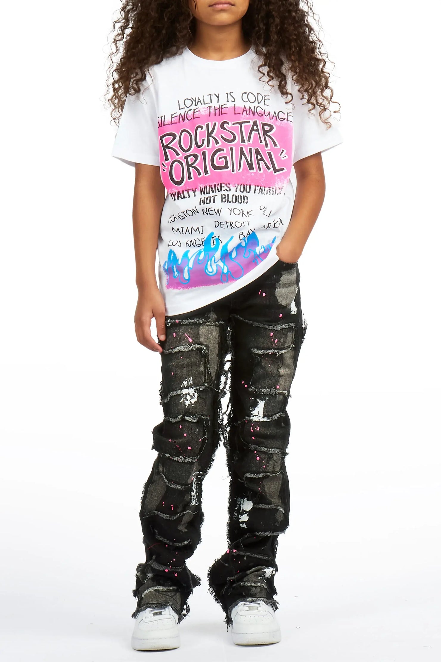 Girls Bannie Black/Pink Stacked Painter Flare Jean