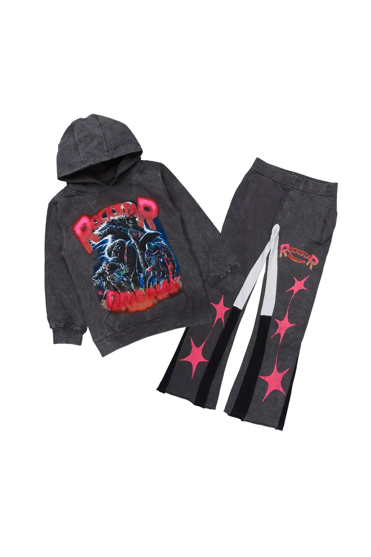 Boys Trenzo Vintage Grey Hoodie/Stacked Flare Track Set