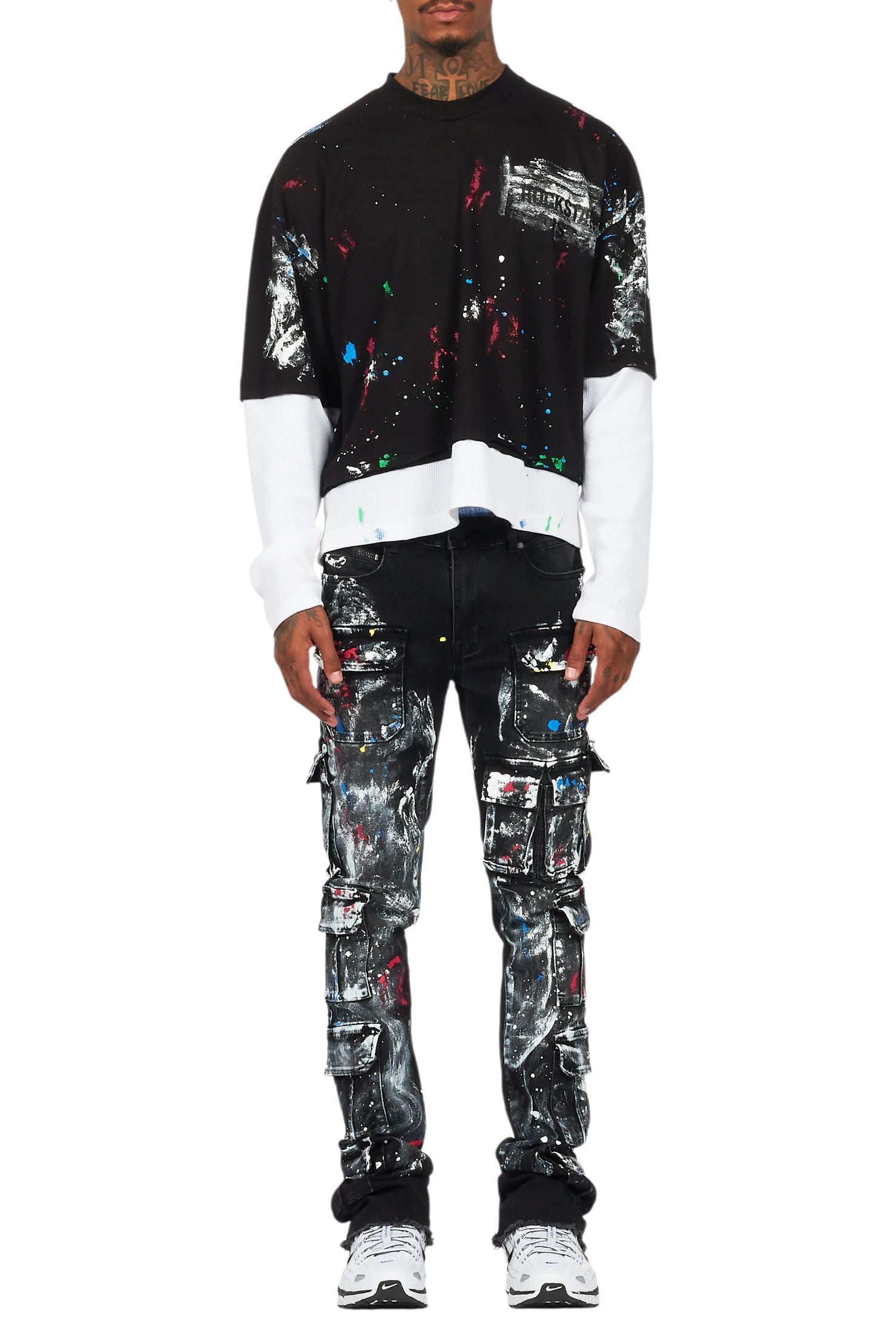 Farrow Black Painter Double Layer T-Shirt/Stacked Flare Jean Bundle