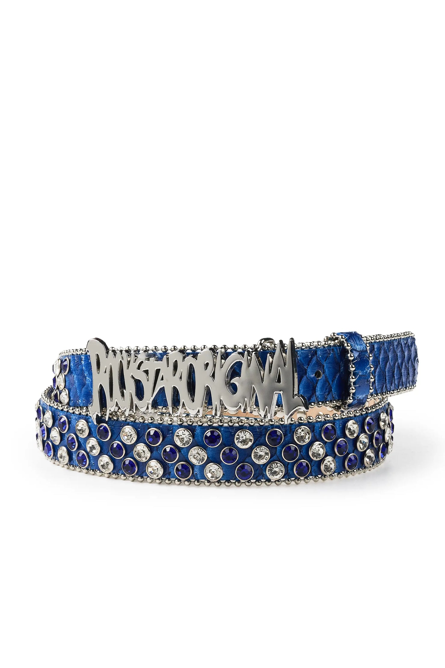 Tedros Rhinestone Blue Rockstar Logo Narrow Belt