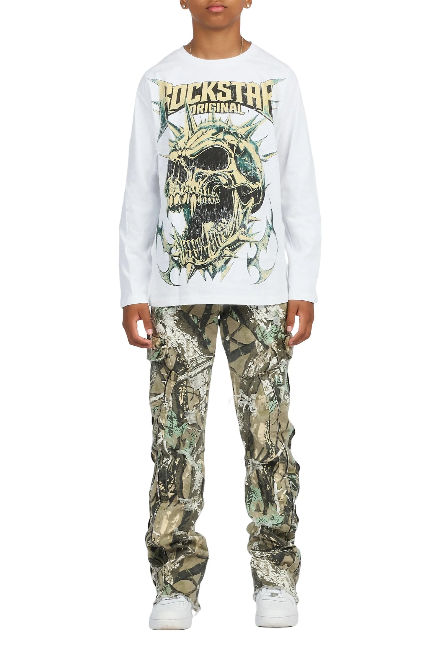 Boys Boos White/Tree Camo Long Sleeve T-shirt Stacked Jean Set