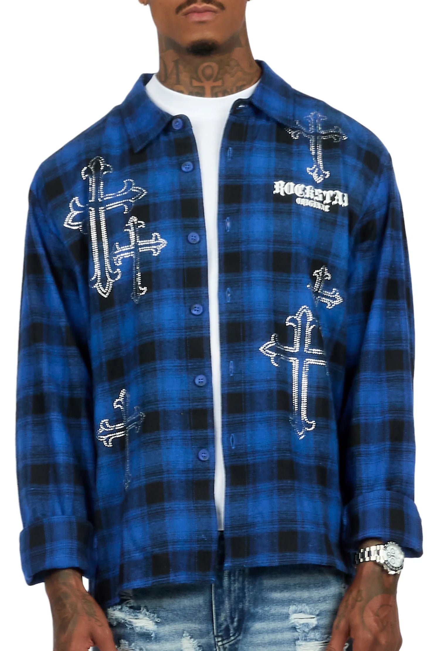 Poldi Royal Rhinestone Flannel Long Sleeve Shirt