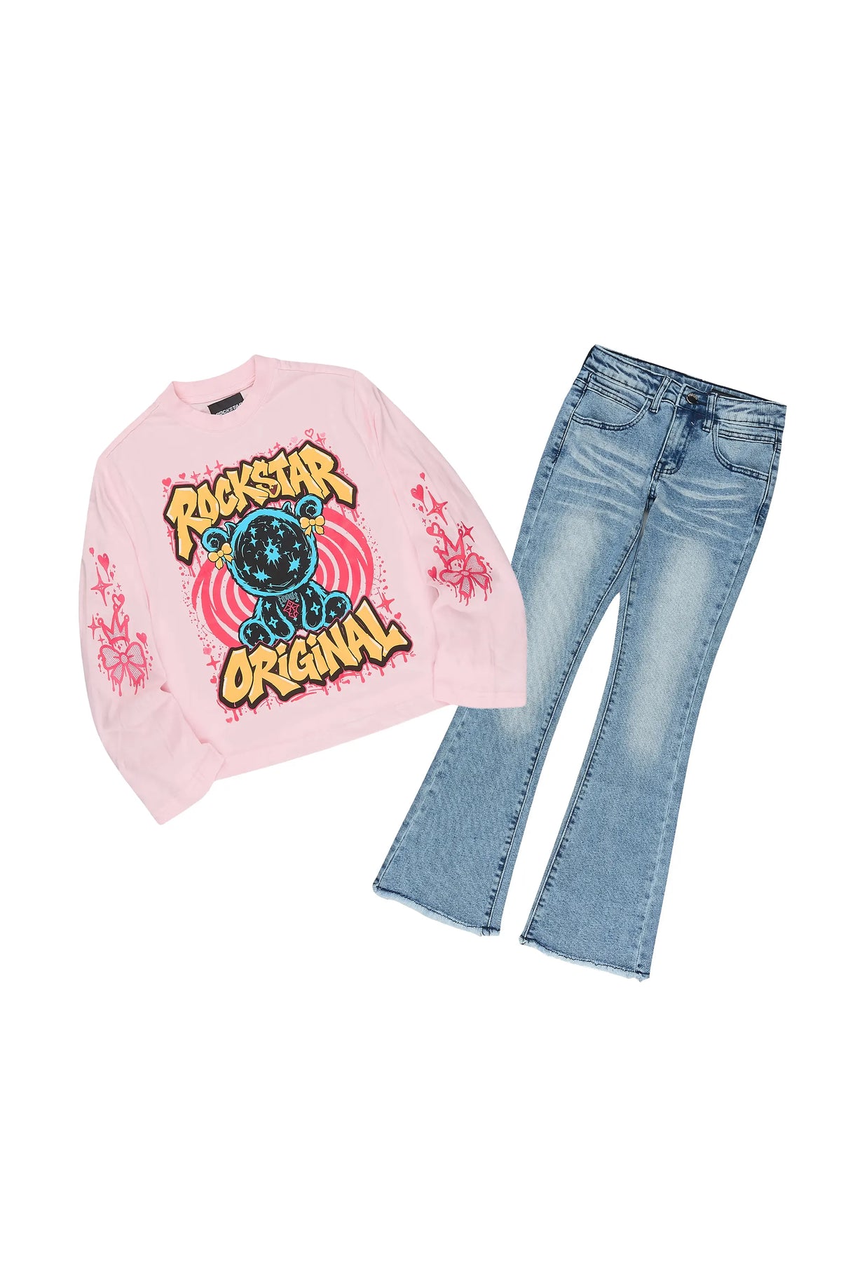 Girls Quanni Pink/Blue Long Sleeve T-Shirt Stacked Jean Set