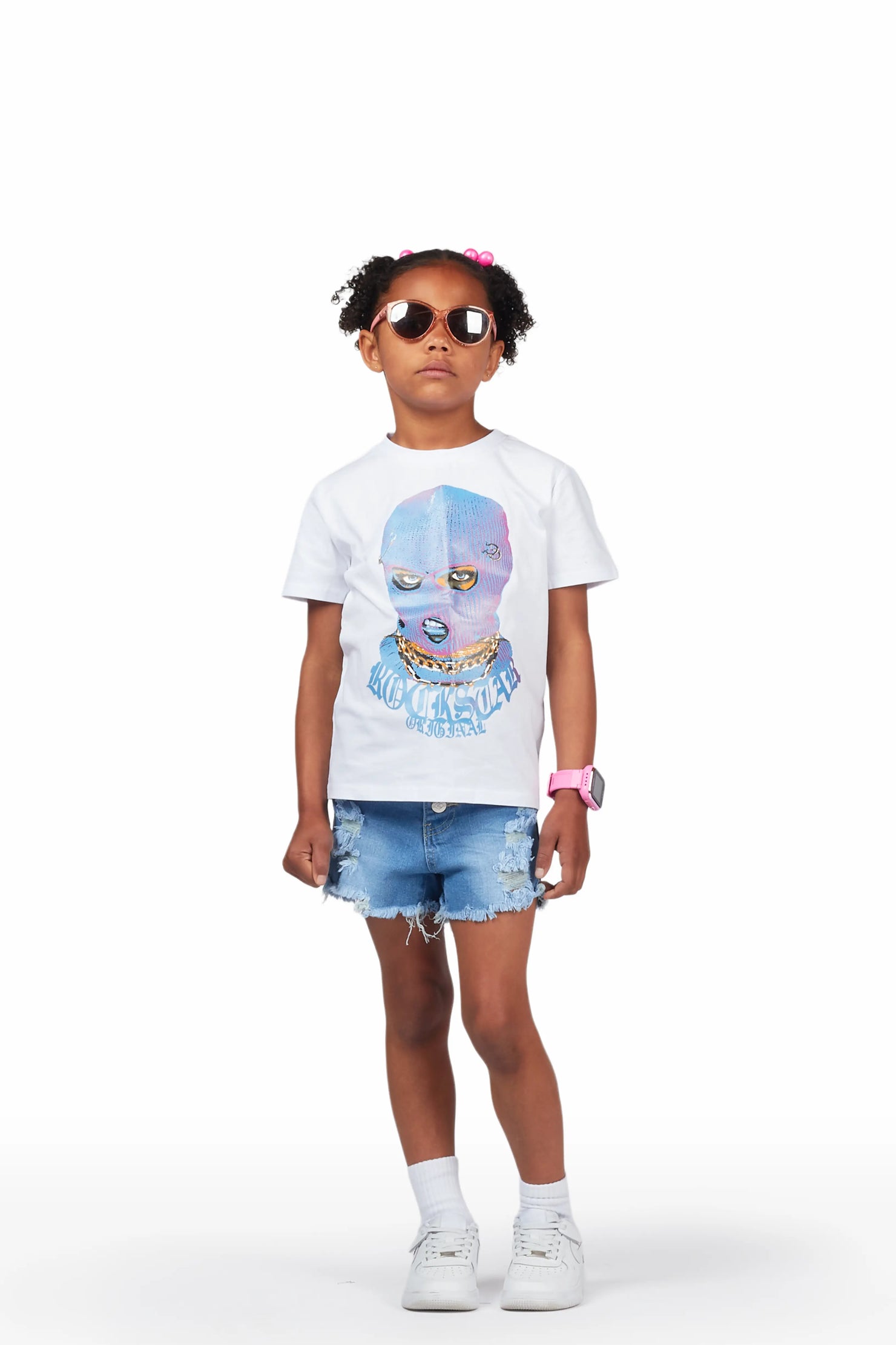 Girls Serilda White/Blue T-Shirt/Denim Short Set