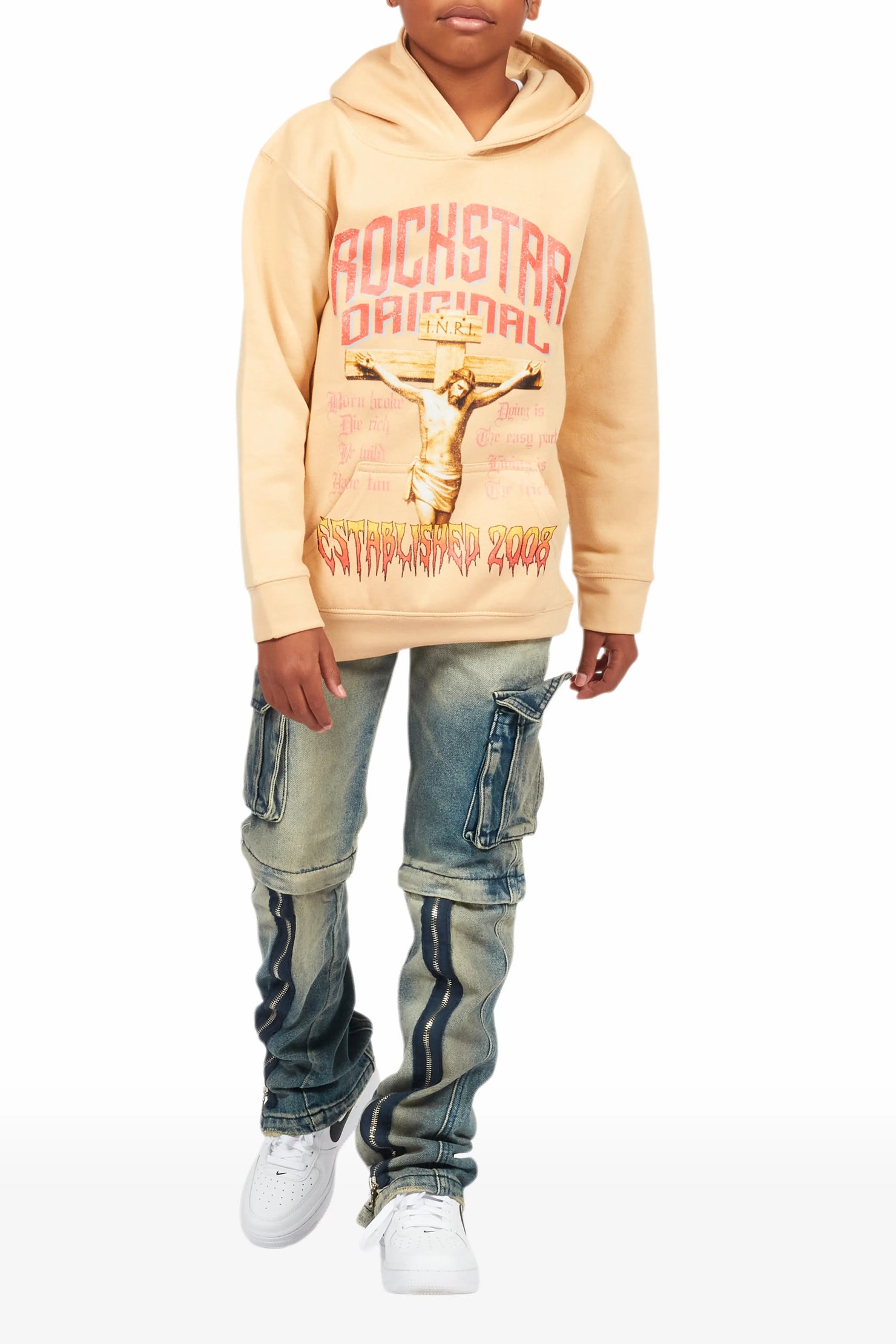 Boys Hayes Beige Hoodie/Stacked Flare Jean Set